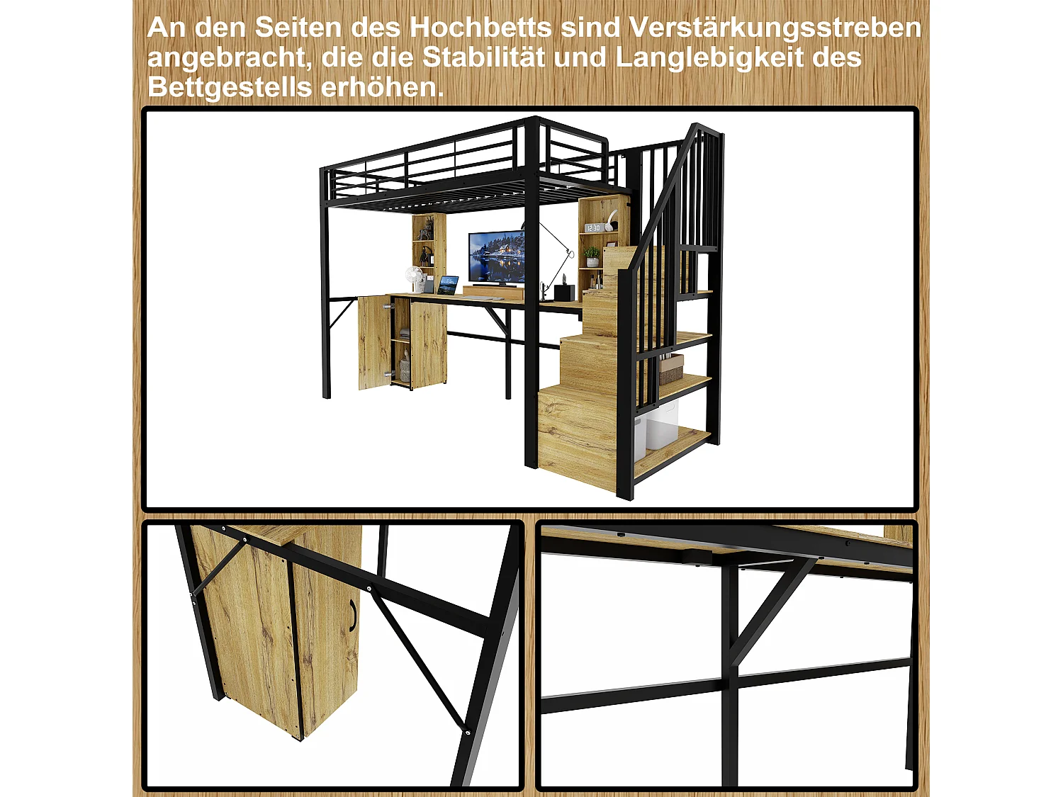 Lit mezzanine 90x200 cm en métal noir avec bureau, rangements, placard et escalier de rangement, USB – sans matelas