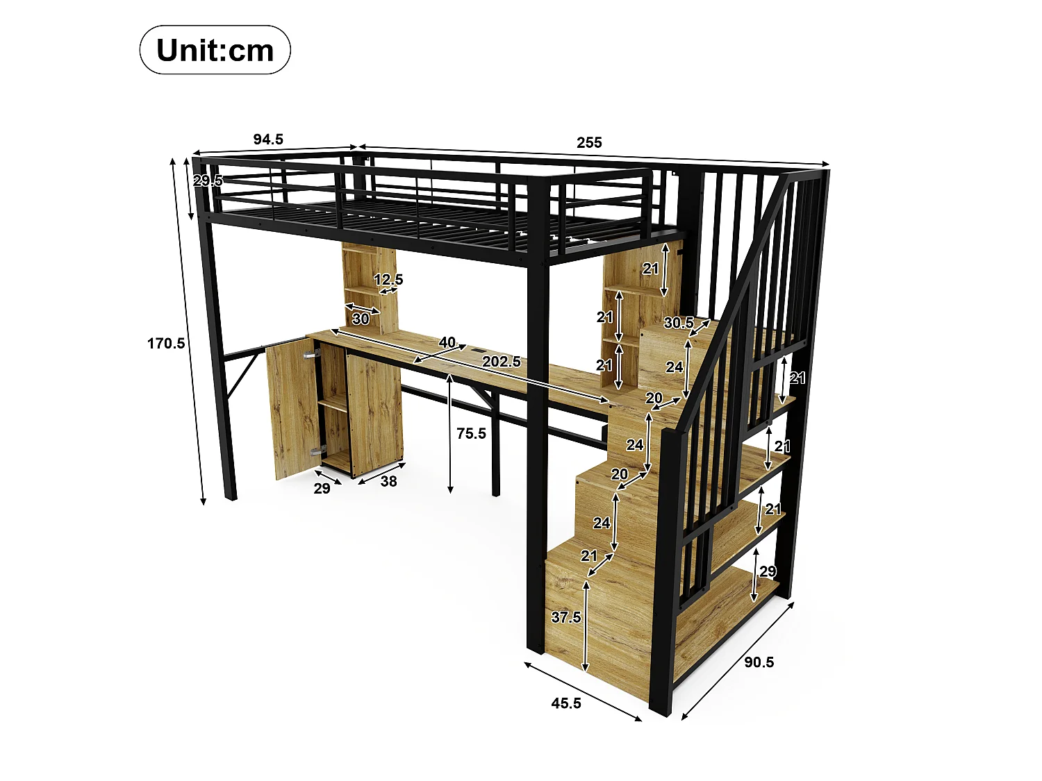 Lit mezzanine 90x200 cm en métal noir avec bureau, rangements, placard et escalier de rangement, USB – sans matelas