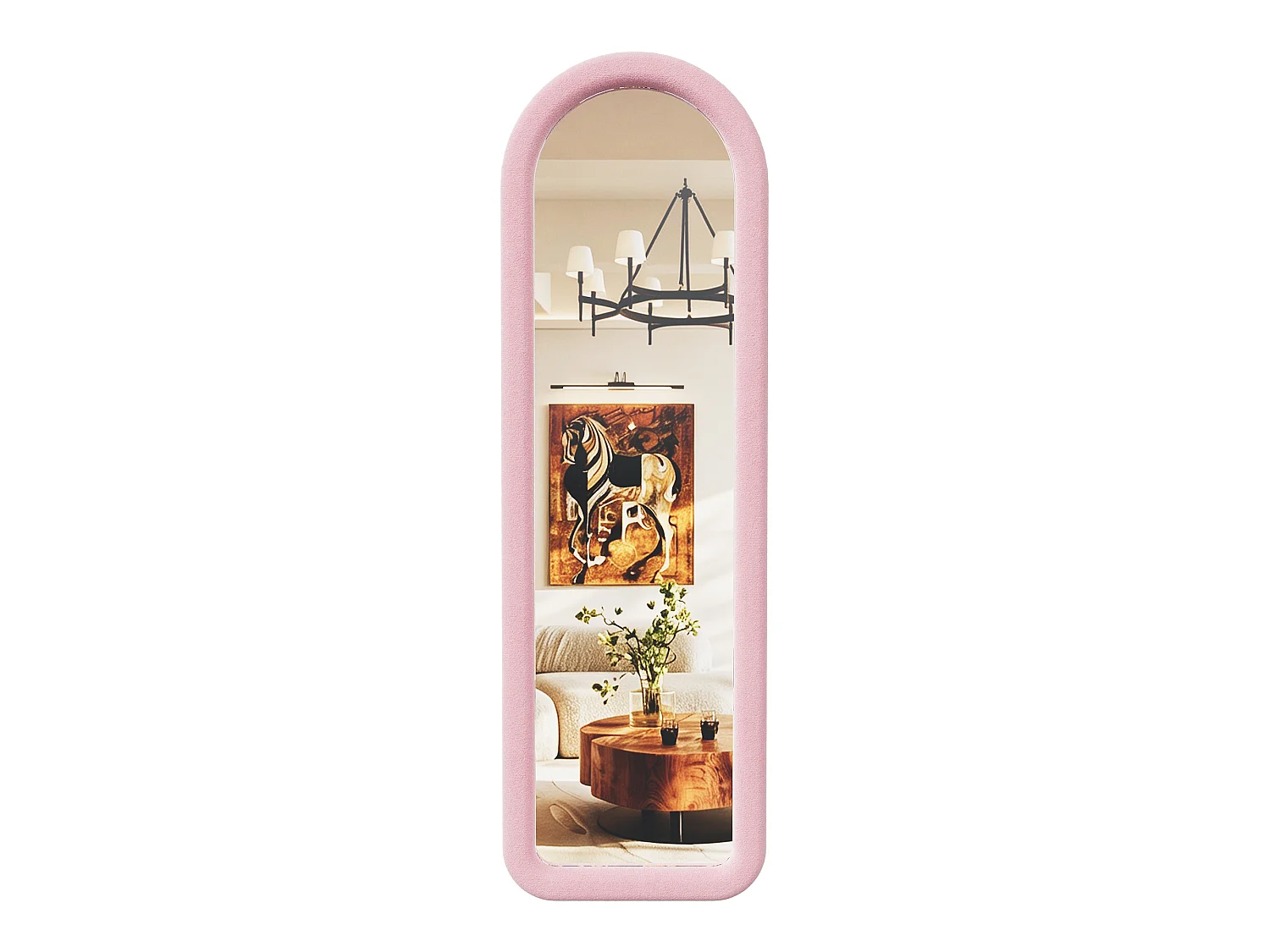 Miroir plein pied arqué 160x50 cm avec cadre en flanelle, miroir design romantique rose, verre trempé sécurisé