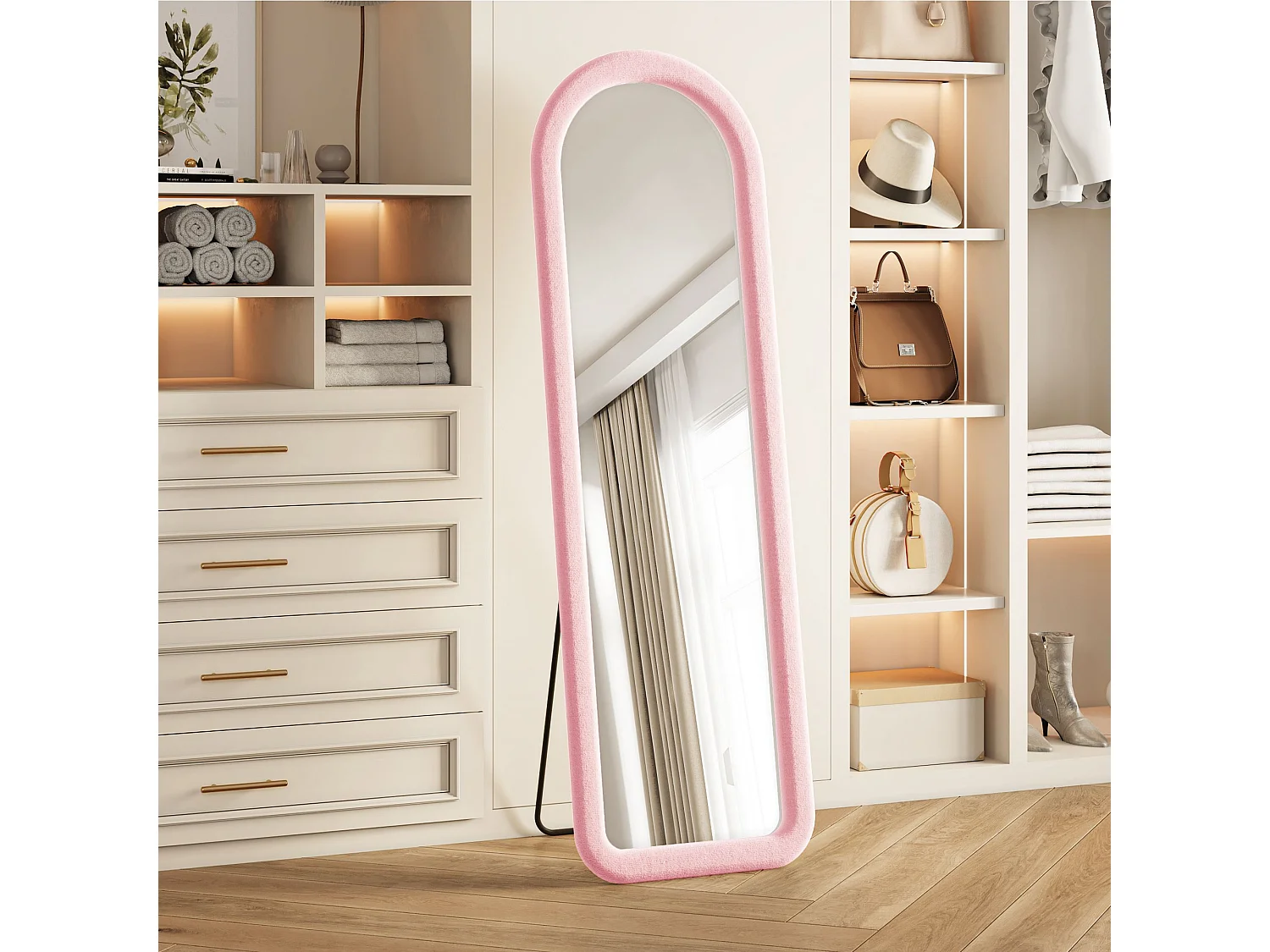 Miroir plein pied arqué 160x50 cm avec cadre en flanelle, miroir design romantique rose, verre trempé sécurisé