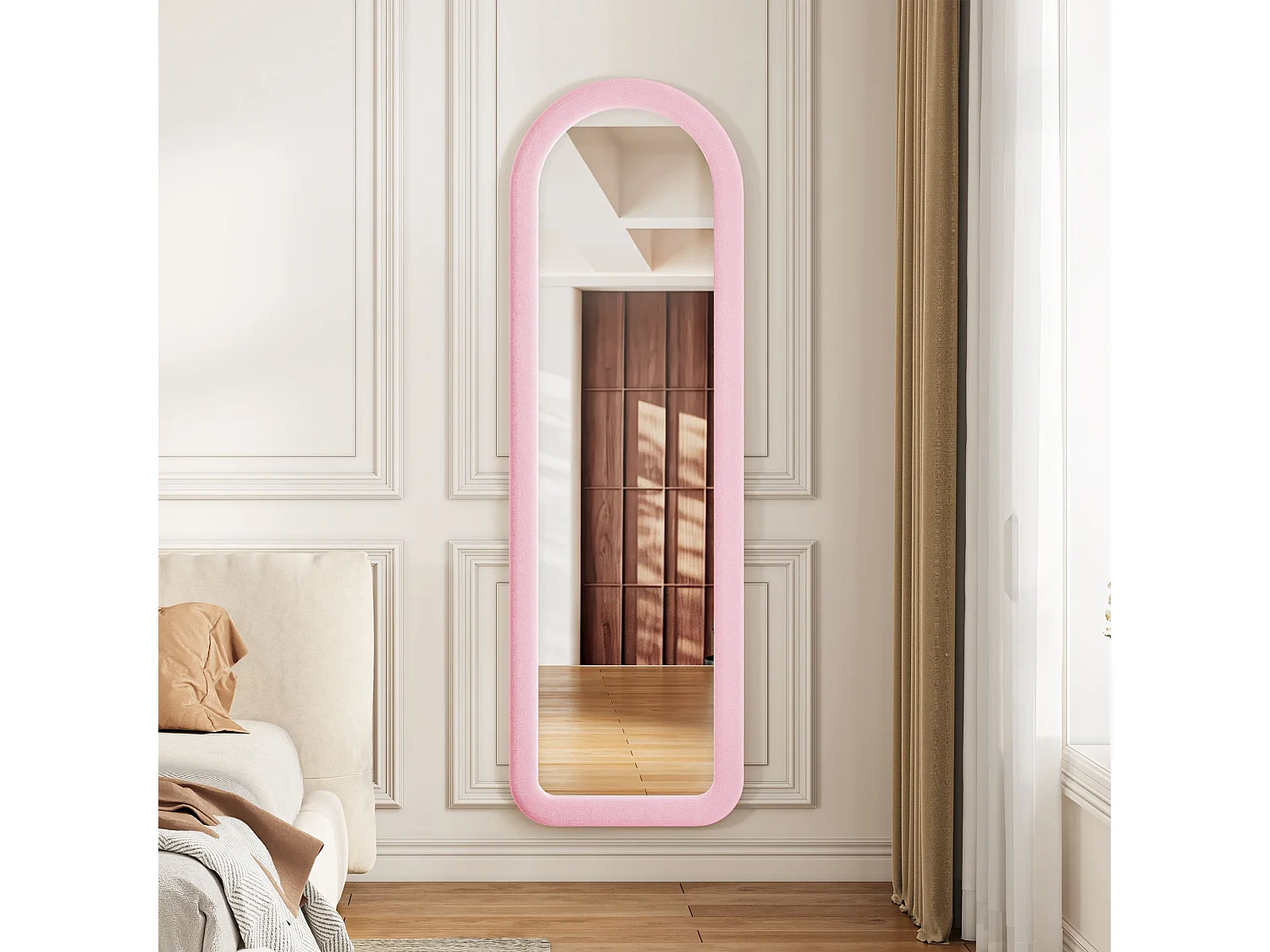 Miroir plein pied arqué 160x50 cm avec cadre en flanelle, miroir design romantique rose, verre trempé sécurisé