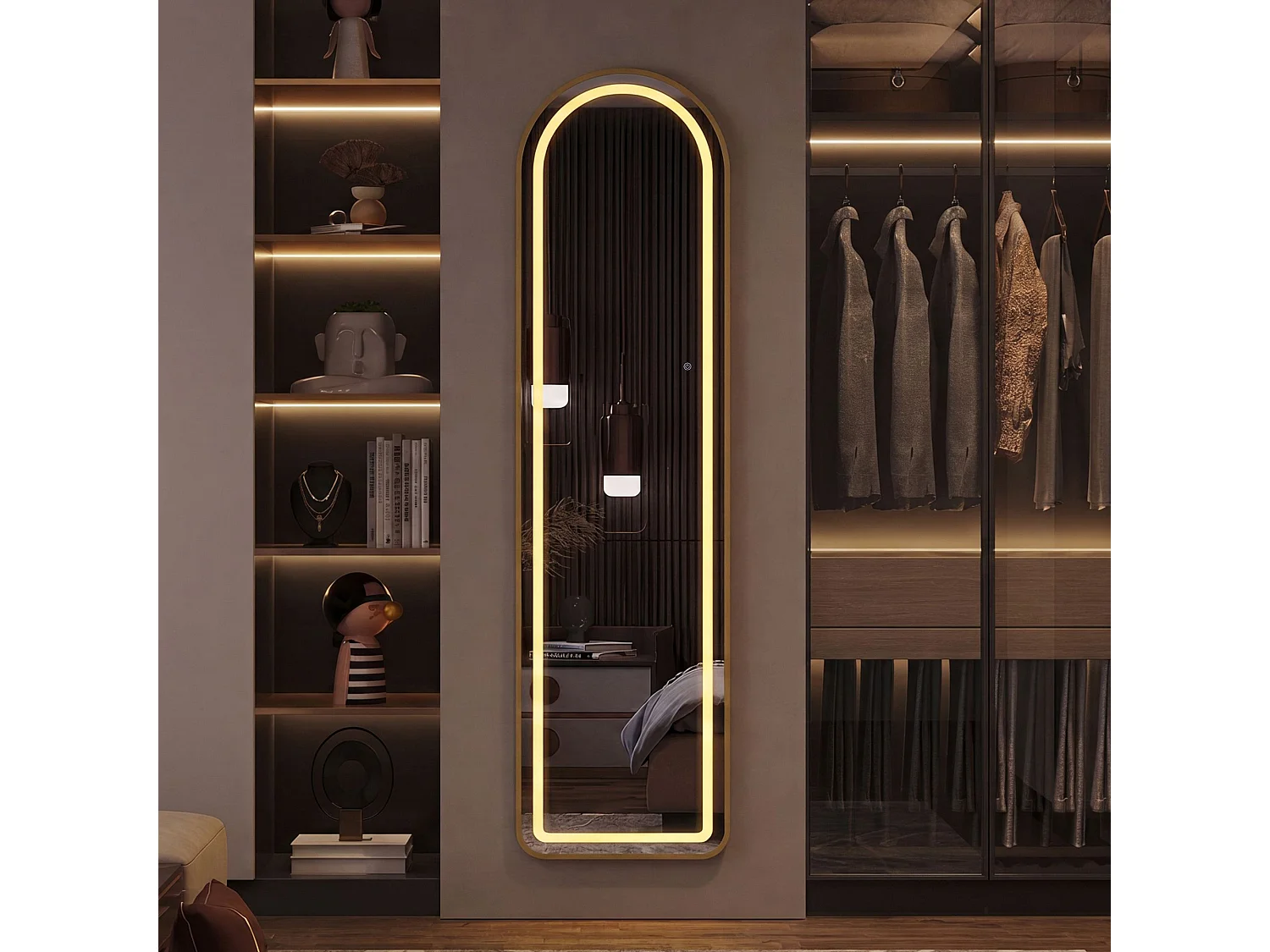 Miroir sur pied LED 150 x 40 cm – Miroir plein pied en verre trempé, 3 couleurs et luminosité réglable – Cadre doré à coins arrondis
