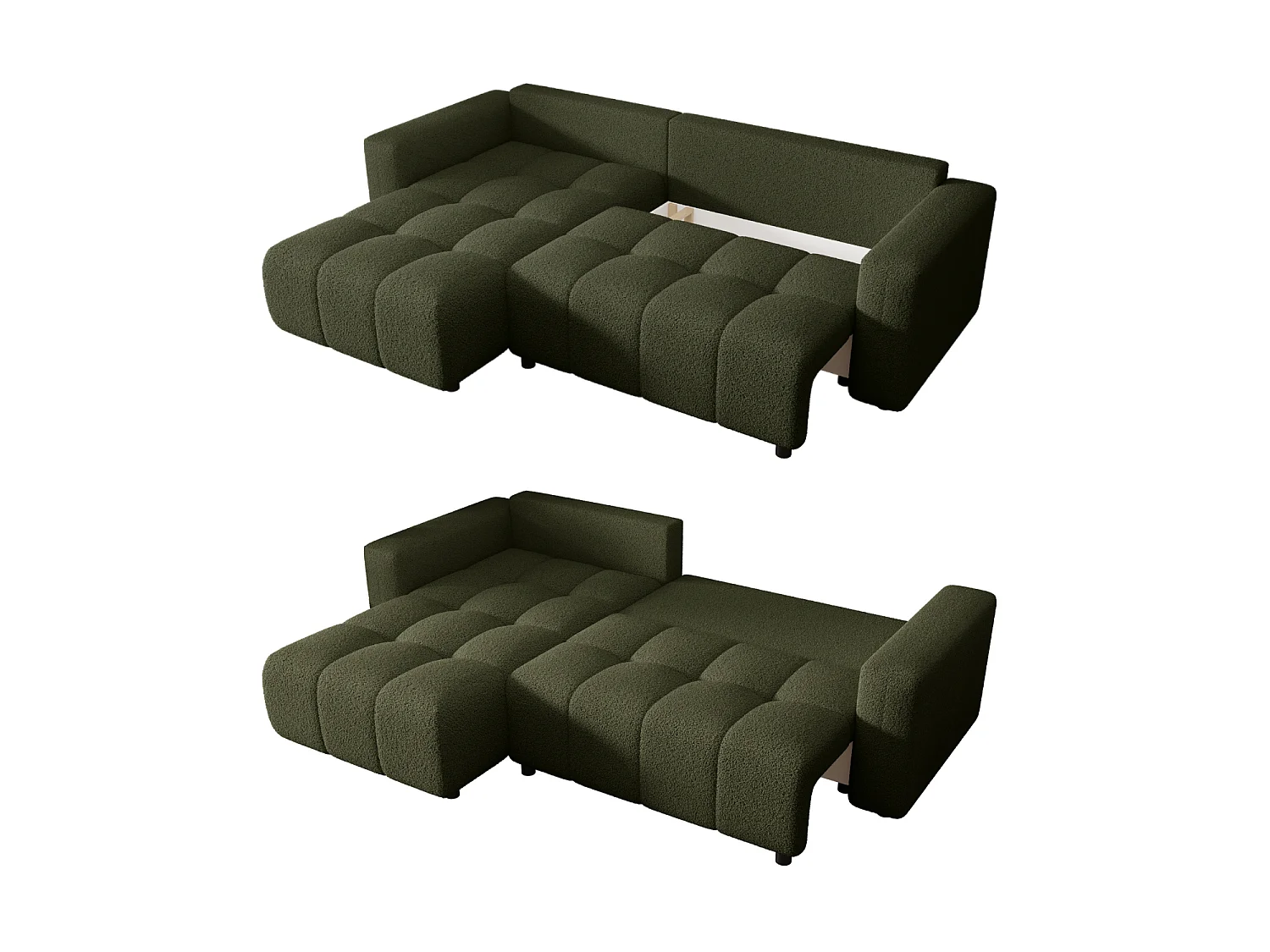 Canapé d'angle convertible avec coffre, bouclé, réversible – ARA L Vert olive