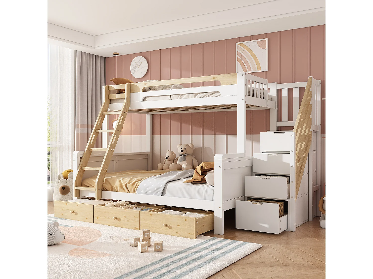 Litera 90/140x200 cm de madera blanca y natural con escalera de almacenamiento, 3 cajones y escalera, sin colchón