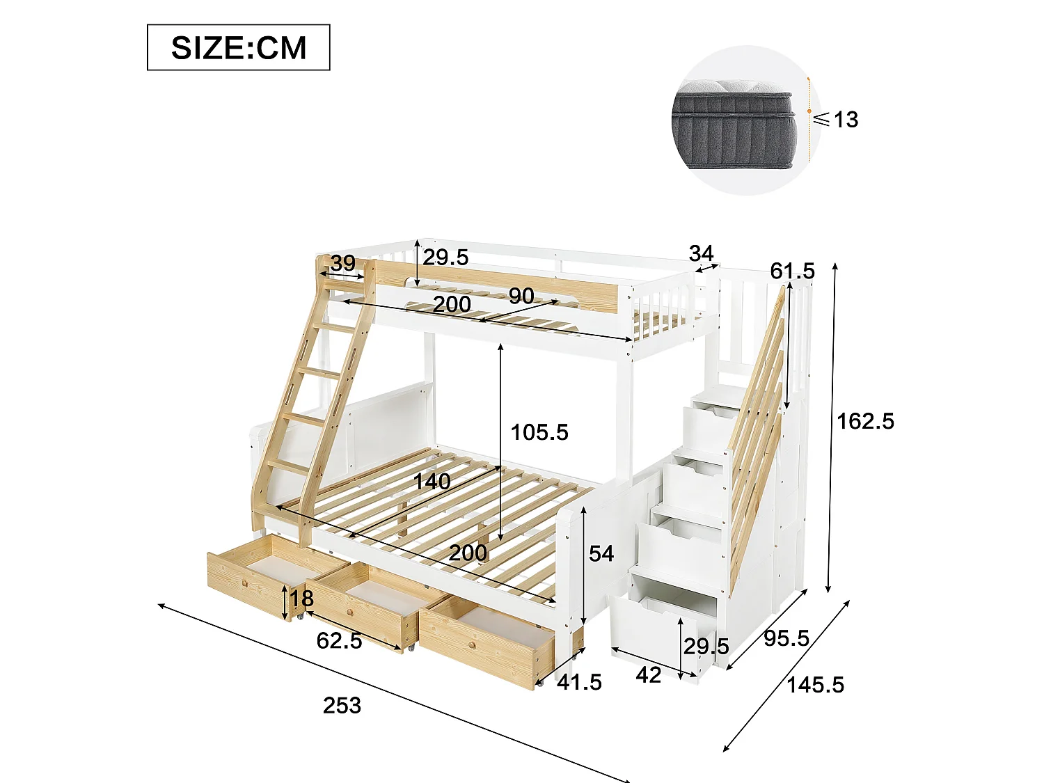 Litera 90/140x200 cm de madera blanca y natural con escalera de almacenamiento, 3 cajones y escalera, sin colchón