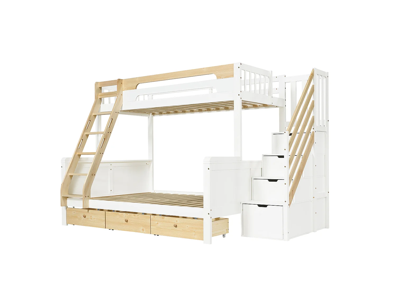 Litera 90/140x200 cm de madera blanca y natural con escalera de almacenamiento, 3 cajones y escalera, sin colchón