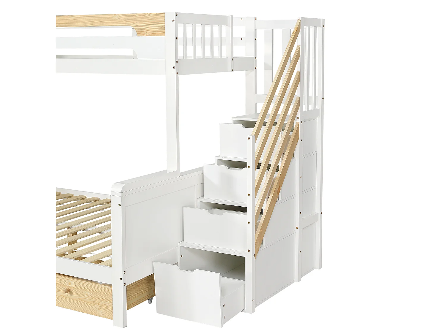 Litera 90/140x200 cm de madera blanca y natural con escalera de almacenamiento, 3 cajones y escalera, sin colchón