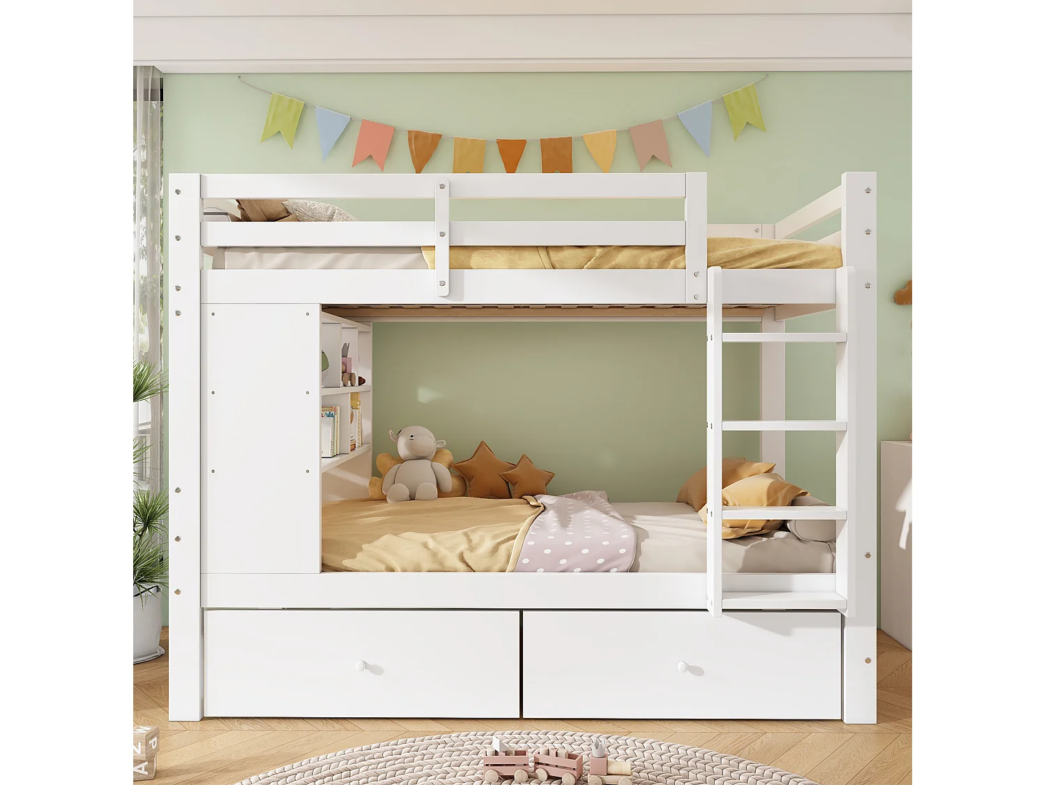 Lit superposé 90x200 cm en bois blanc avec 2 tiroirs, étagère ouverte et échelle, sans matelas