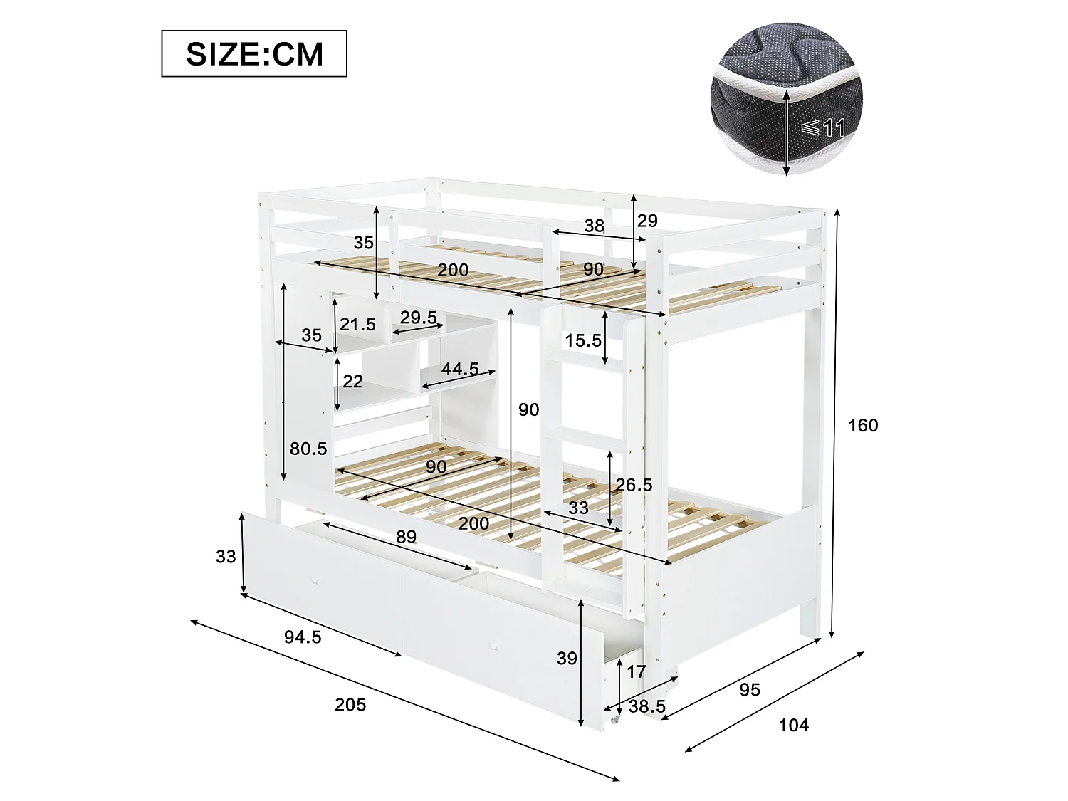 Lit superposé 90x200 cm en bois blanc avec 2 tiroirs, étagère ouverte et échelle, sans matelas
