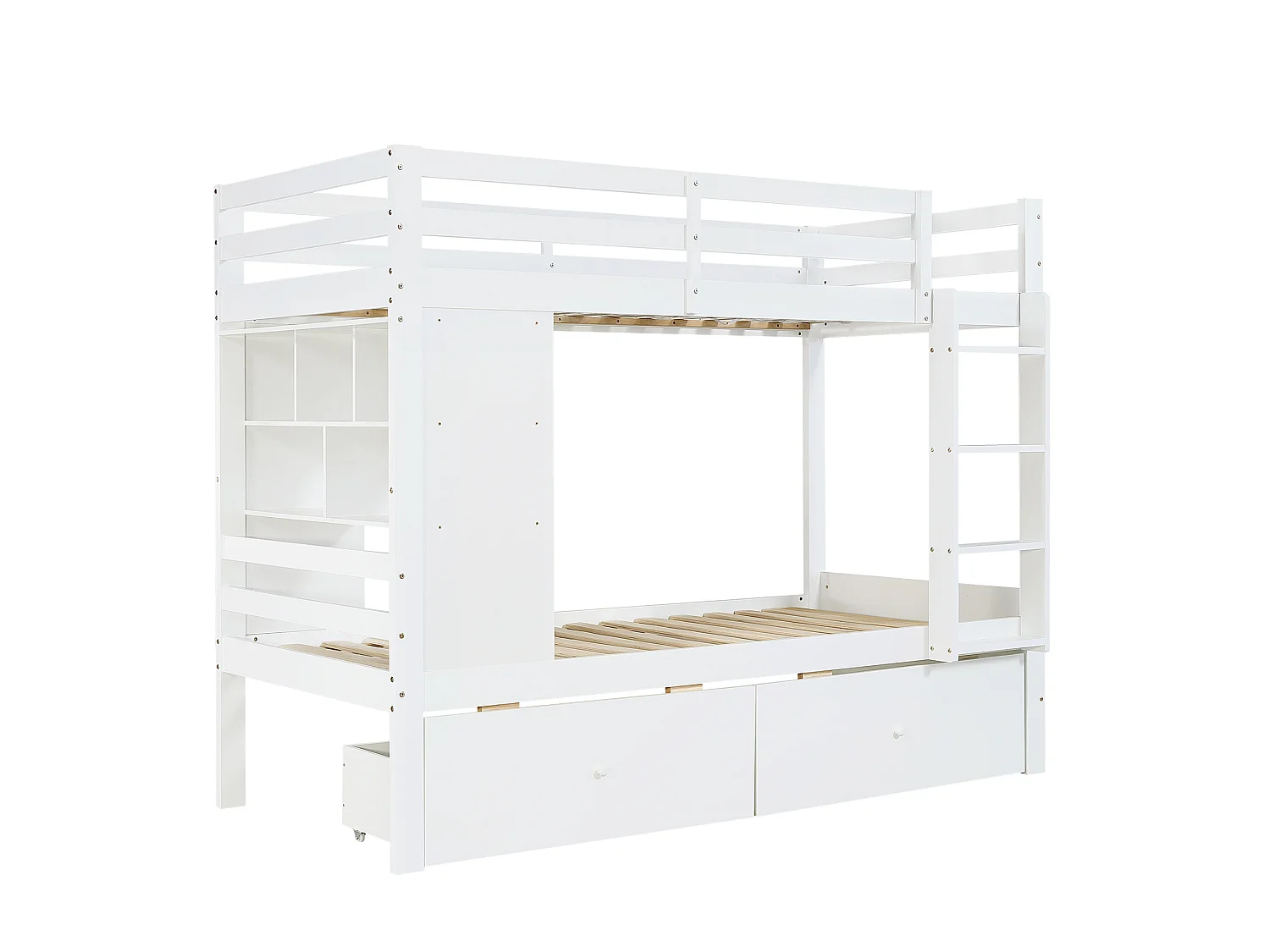 Lit superposé 90x200 cm en bois blanc avec 2 tiroirs, étagère ouverte et échelle, sans matelas