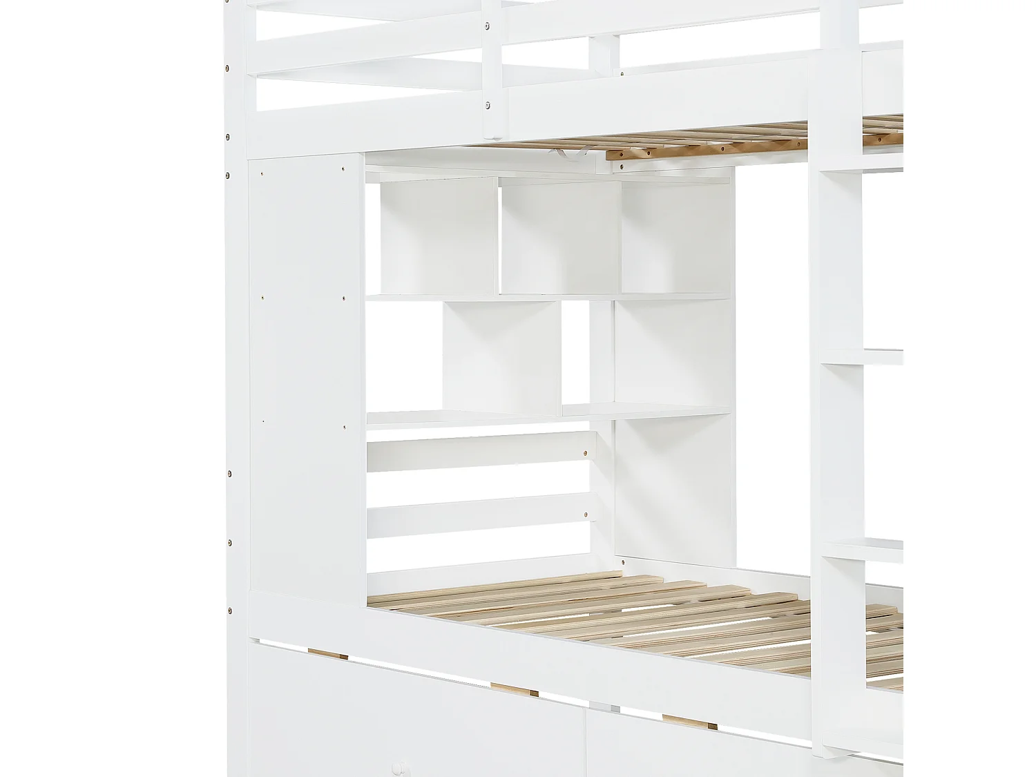 Lit superposé 90x200 cm en bois blanc avec 2 tiroirs, étagère ouverte et échelle, sans matelas