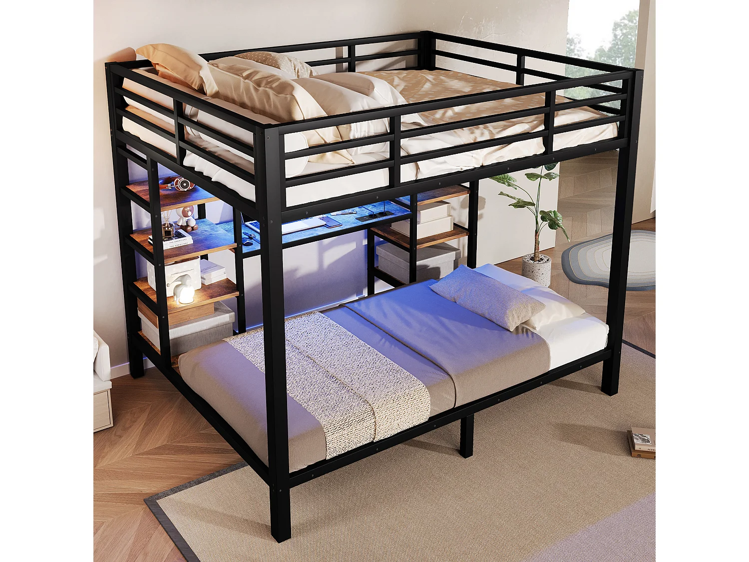 Litera 90/140x200 cm de metal y MDF negro con iluminación LED, espacio de almacenamiento y puertos USB y Type‑C, sin colchón