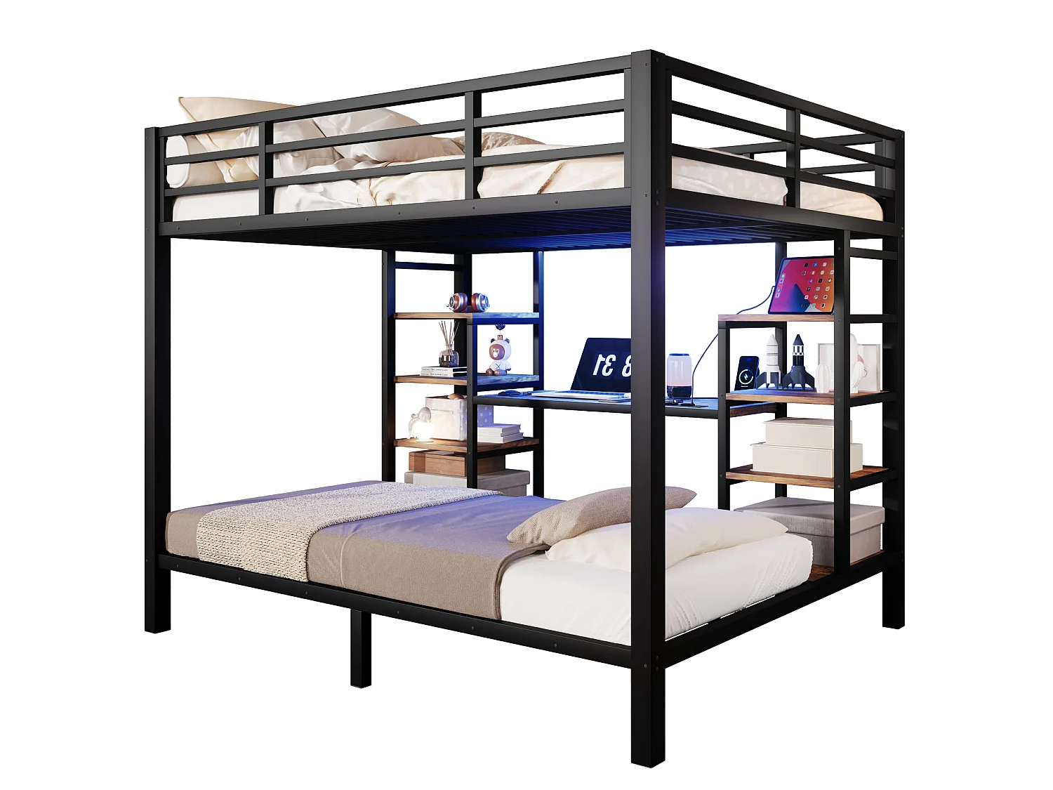 Litera 90/140x200 cm de metal y MDF negro con iluminación LED, espacio de almacenamiento y puertos USB y Type‑C, sin colchón