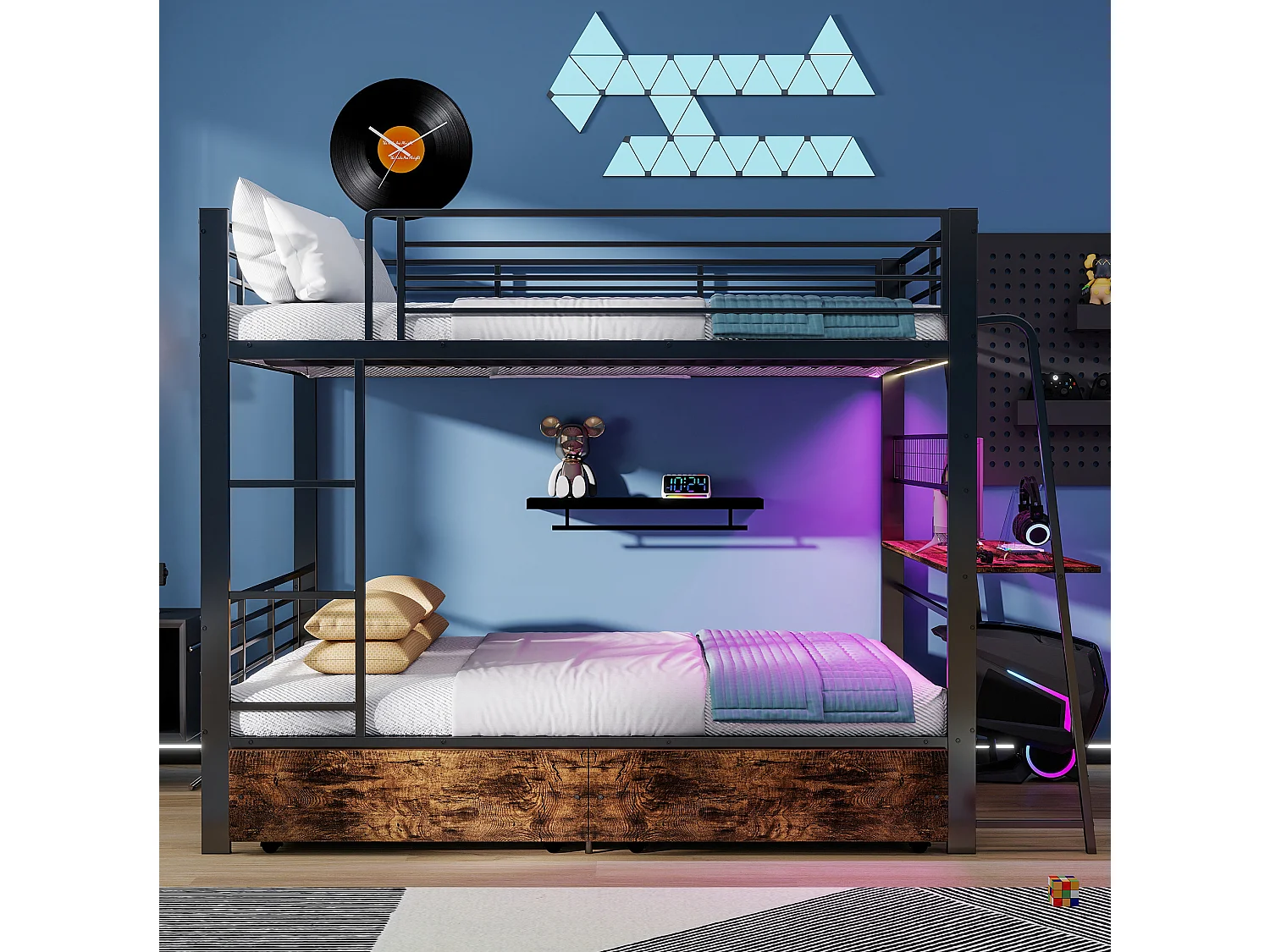 Litera 140x200 cm de metal y MDF negro con escritorio integrado, LED, puertos USB/C y 2 cajones, sin colchón