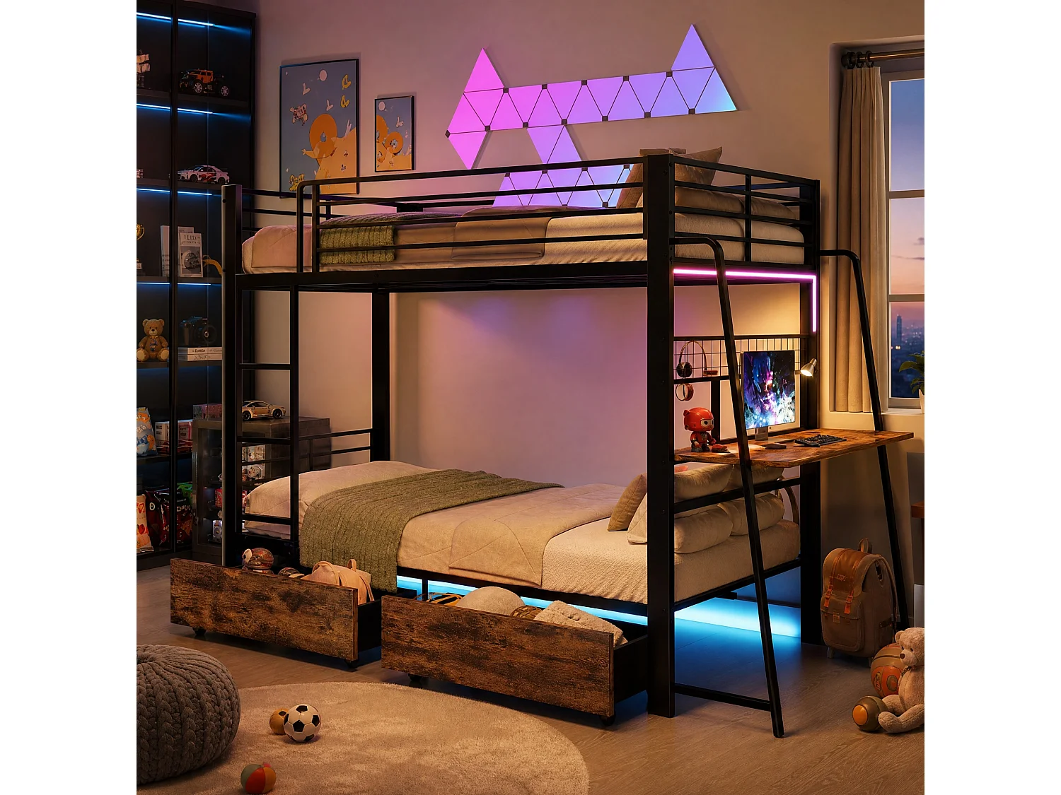 Litera 140x200 cm de metal y MDF negro con escritorio integrado, LED, puertos USB/C y 2 cajones, sin colchón