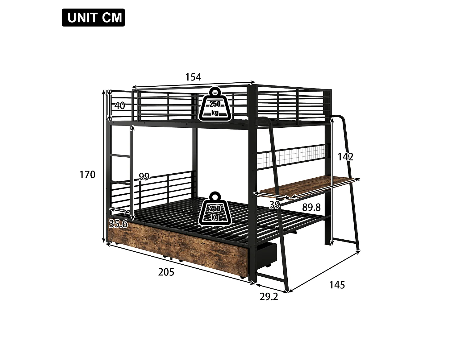 Litera 140x200 cm de metal y MDF negro con escritorio integrado, LED, puertos USB/C y 2 cajones, sin colchón