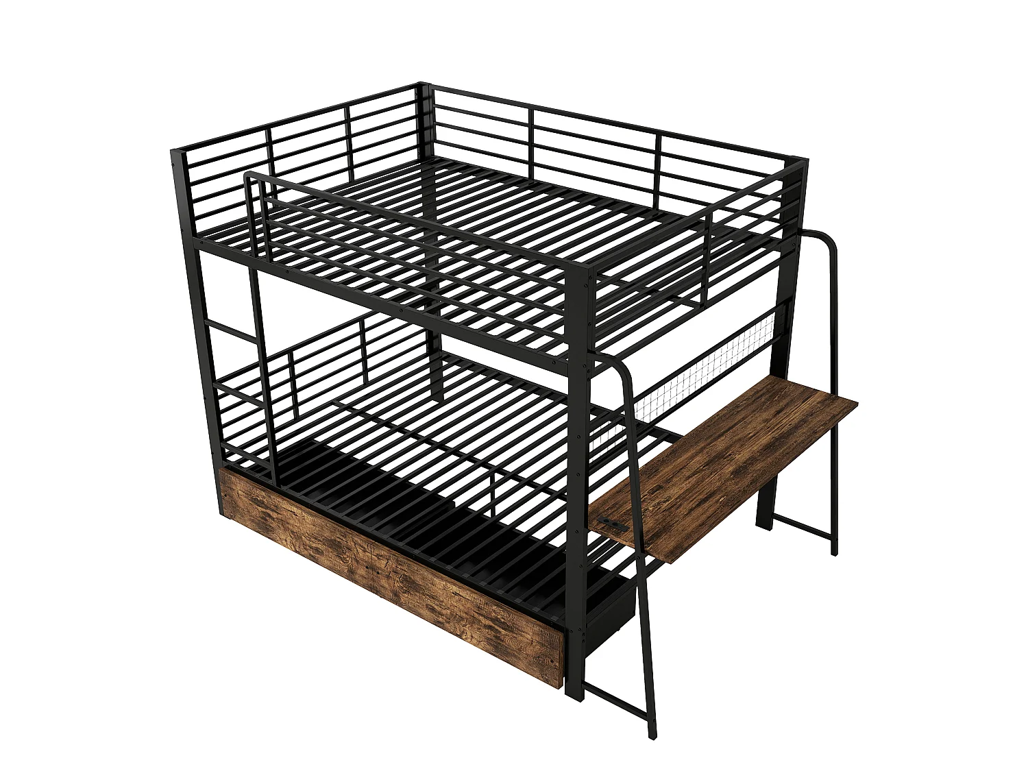 Litera 140x200 cm de metal y MDF negro con escritorio integrado, LED, puertos USB/C y 2 cajones, sin colchón