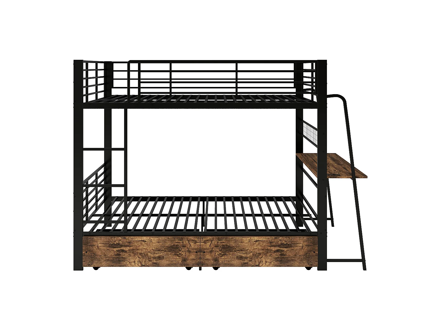 Litera 140x200 cm de metal y MDF negro con escritorio integrado, LED, puertos USB/C y 2 cajones, sin colchón
