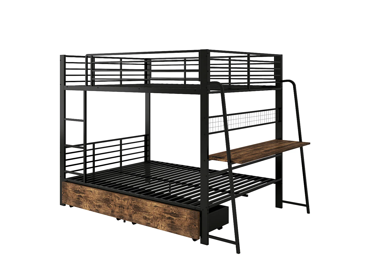 Litera 140x200 cm de metal y MDF negro con escritorio integrado, LED, puertos USB/C y 2 cajones, sin colchón