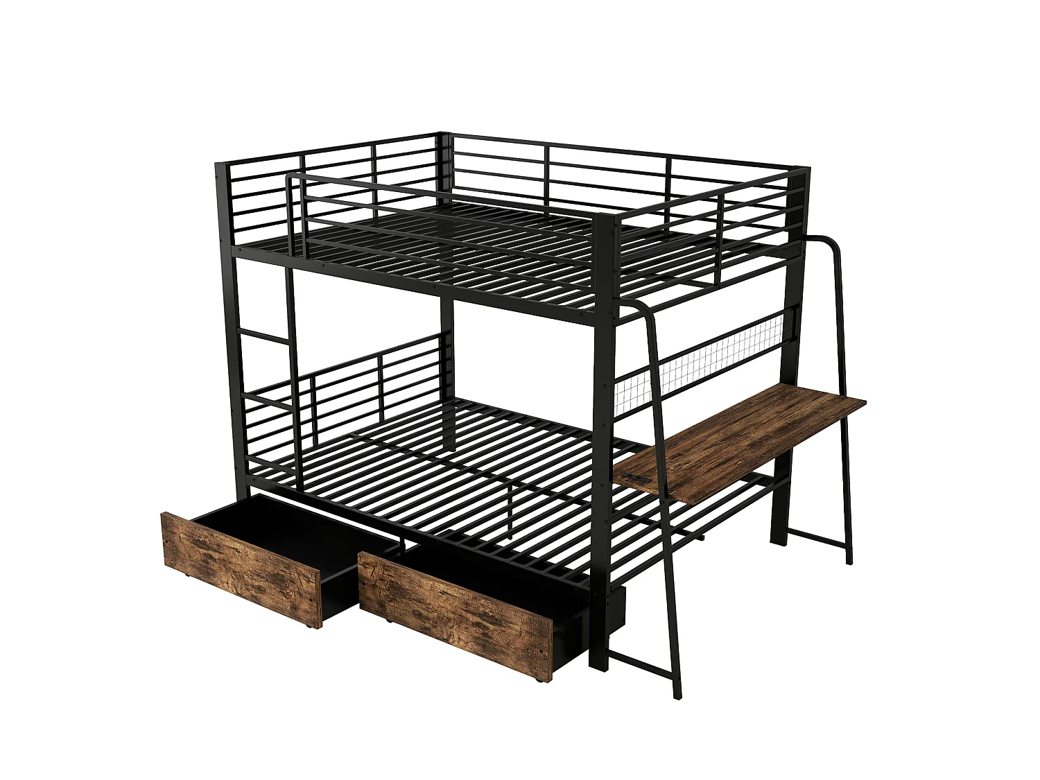 Litera 140x200 cm de metal y MDF negro con escritorio integrado, LED, puertos USB/C y 2 cajones, sin colchón