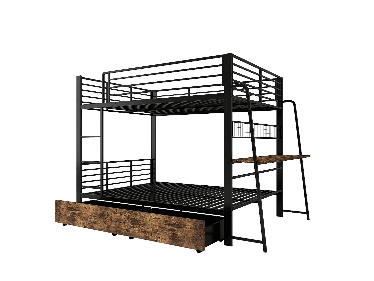 Litera 140x200 cm de metal y MDF negro con escritorio integrado, LED, puertos USB/C y 2 cajones, sin colchón