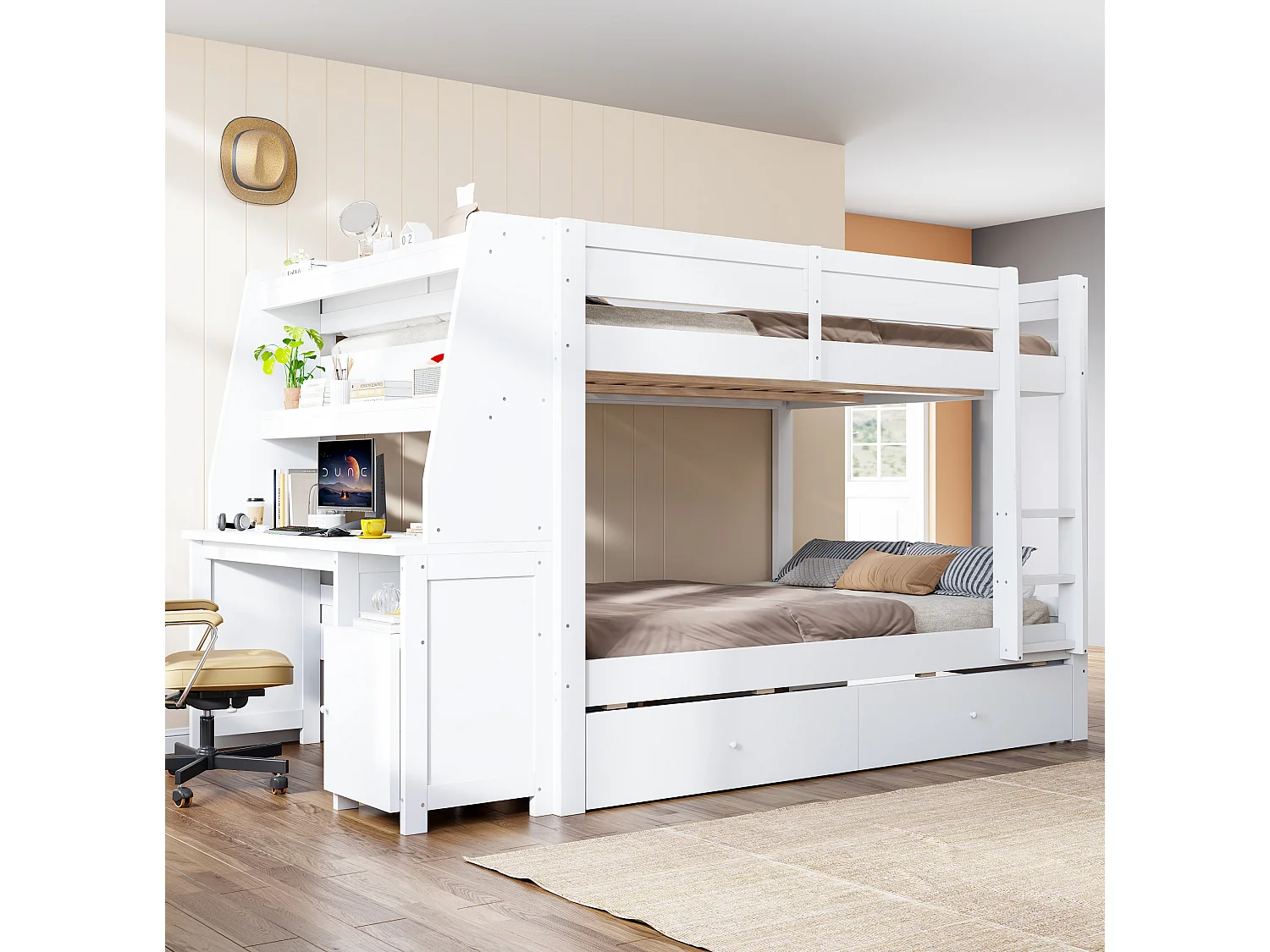 Letto a castello 140x200 cm in legno bianco con scrivania, mensole, vani contenitori e 2 cassetti, senza materasso