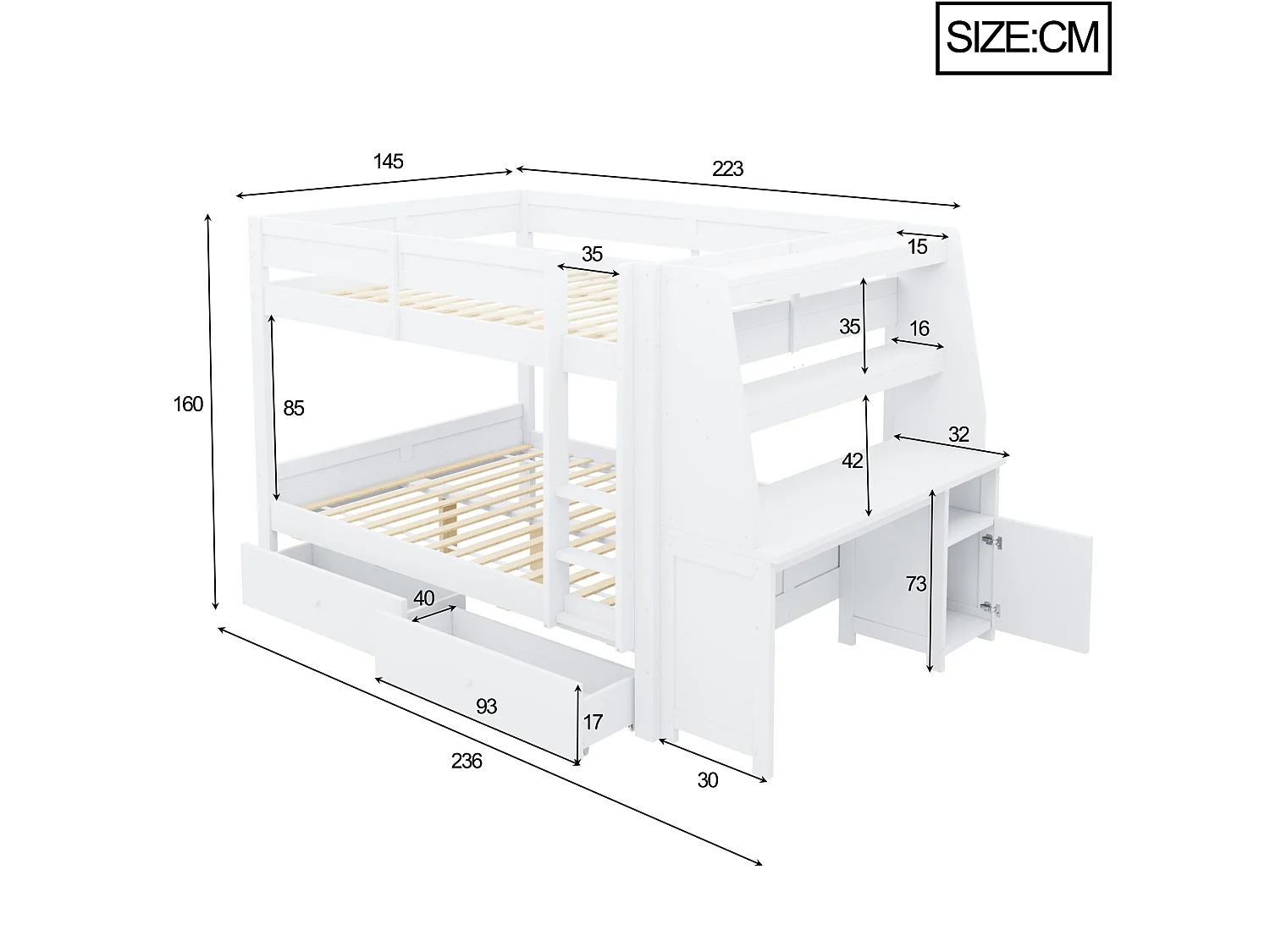 Letto a castello 140x200 cm in legno bianco con scrivania, mensole, vani contenitori e 2 cassetti, senza materasso