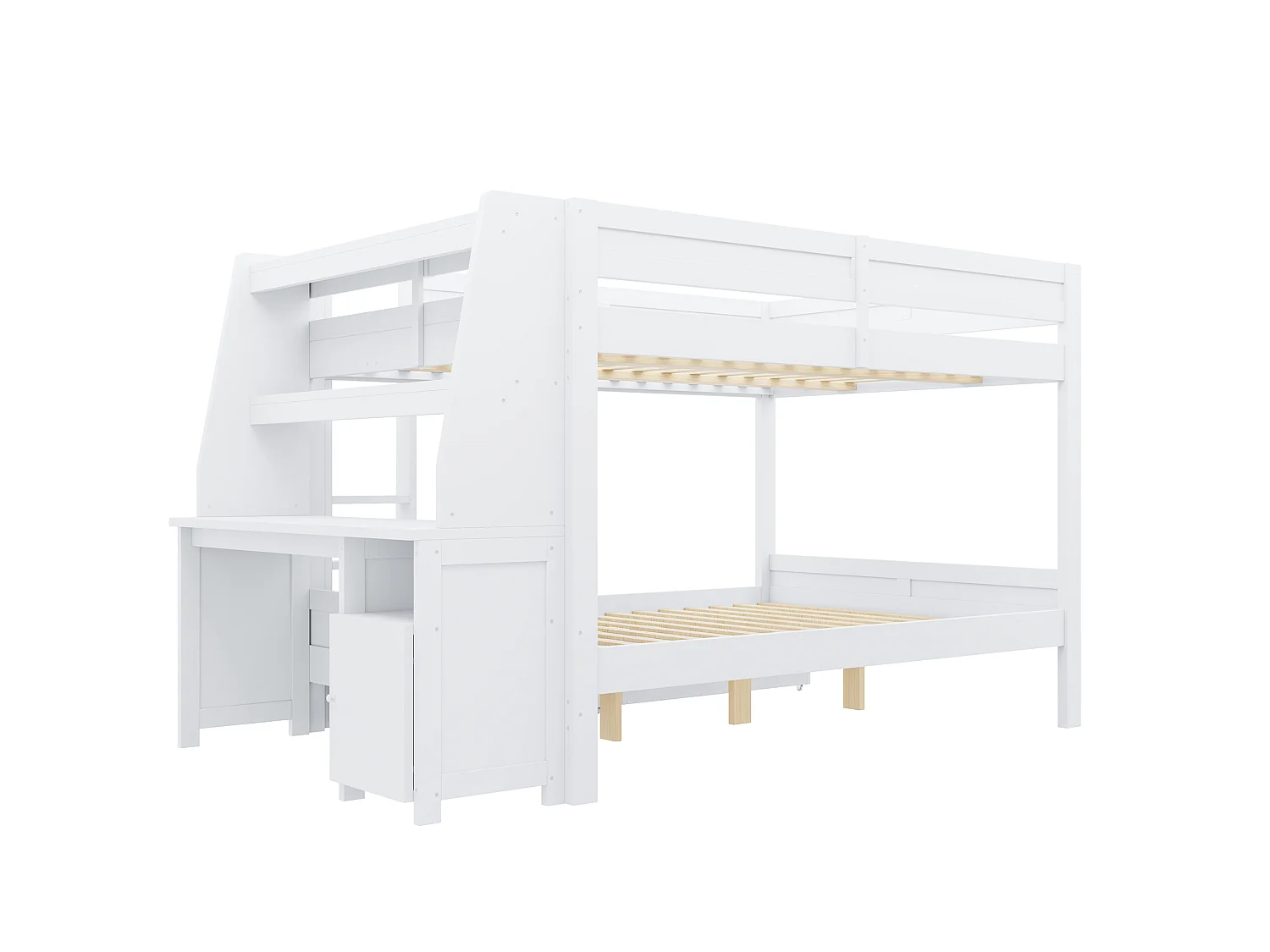 Letto a castello 140x200 cm in legno bianco con scrivania, mensole, vani contenitori e 2 cassetti, senza materasso