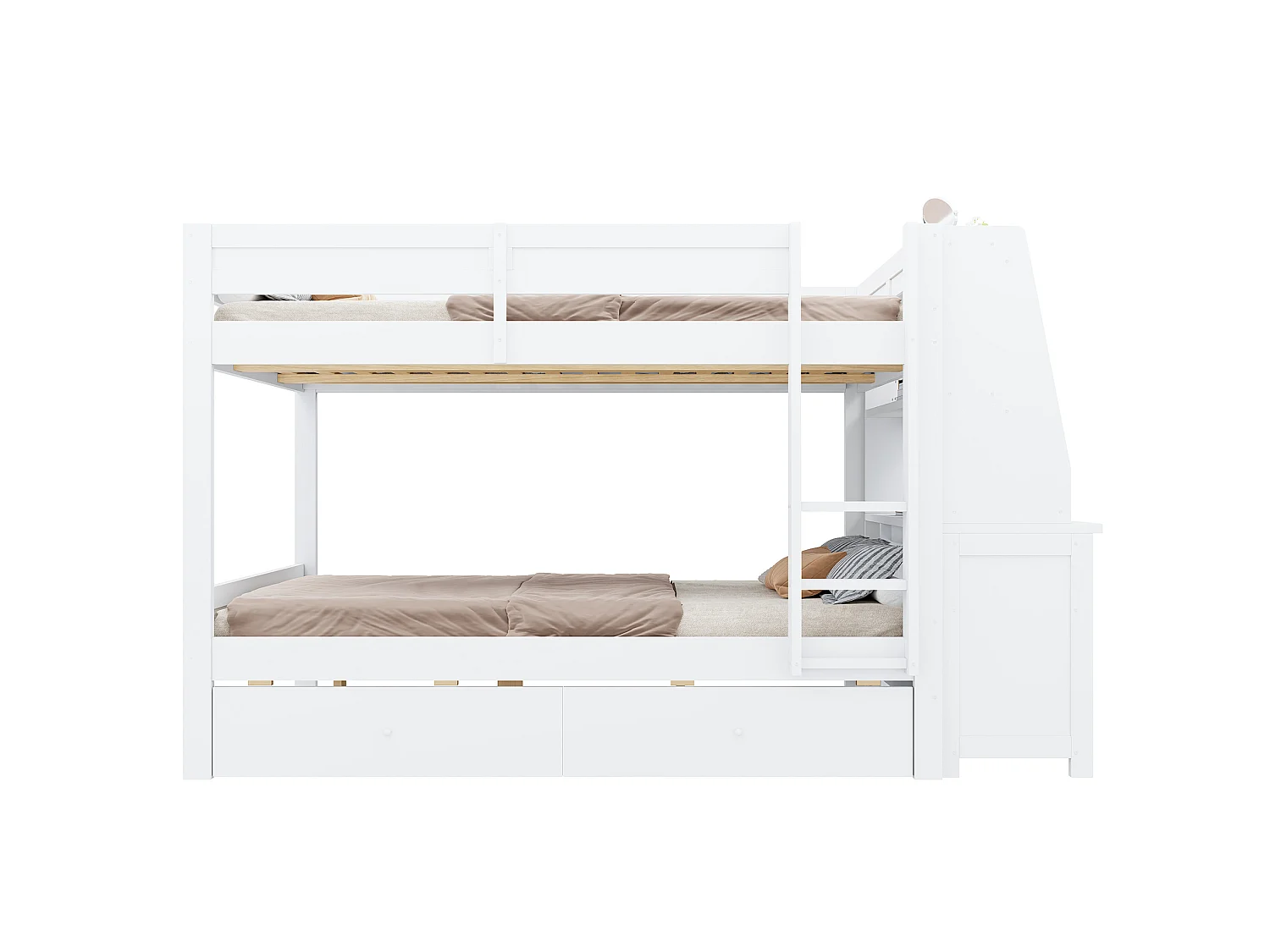 Letto a castello 140x200 cm in legno bianco con scrivania, mensole, vani contenitori e 2 cassetti, senza materasso