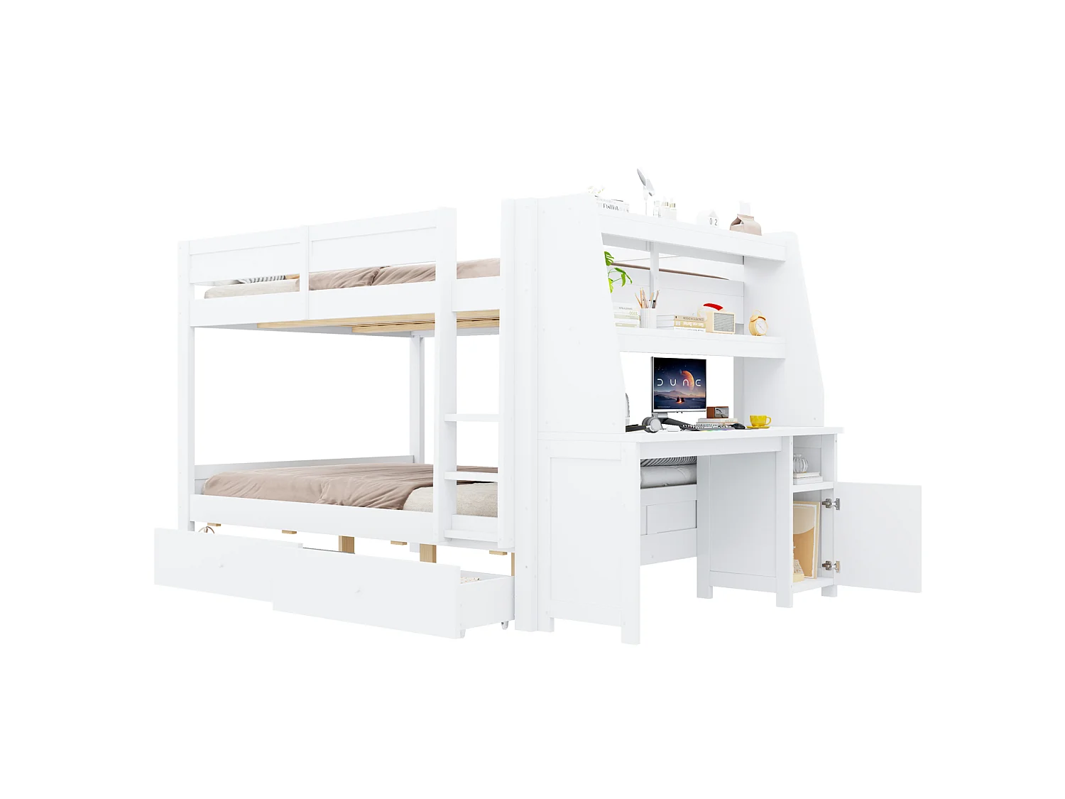 Letto a castello 140x200 cm in legno bianco con scrivania, mensole, vani contenitori e 2 cassetti, senza materasso