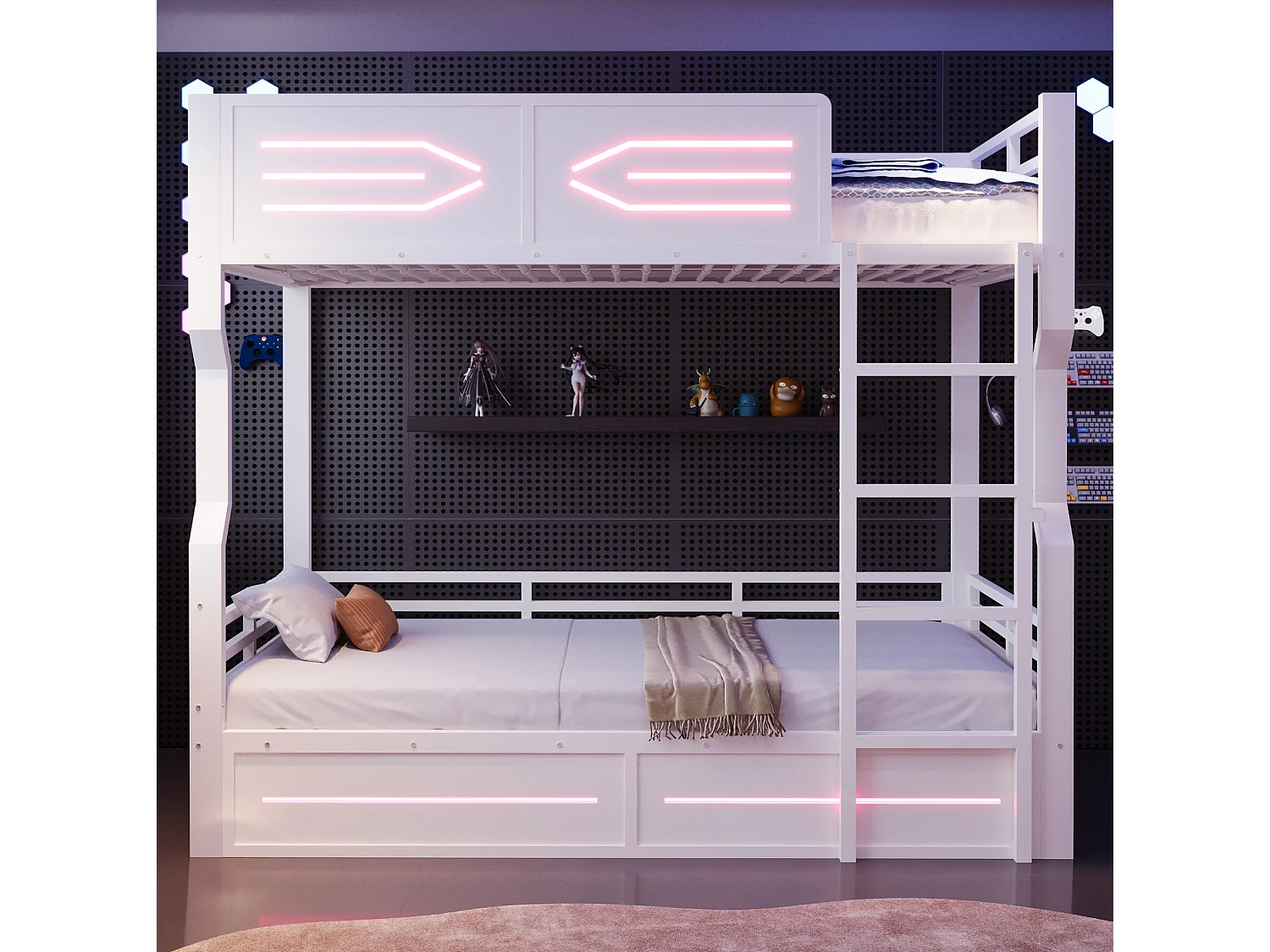 Litera 90x200 cm de metal y MDF blanco con iluminación LED, sin colchón
