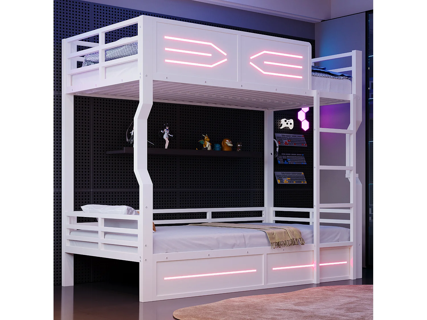 Litera 90x200 cm de metal y MDF blanco con iluminación LED, sin colchón