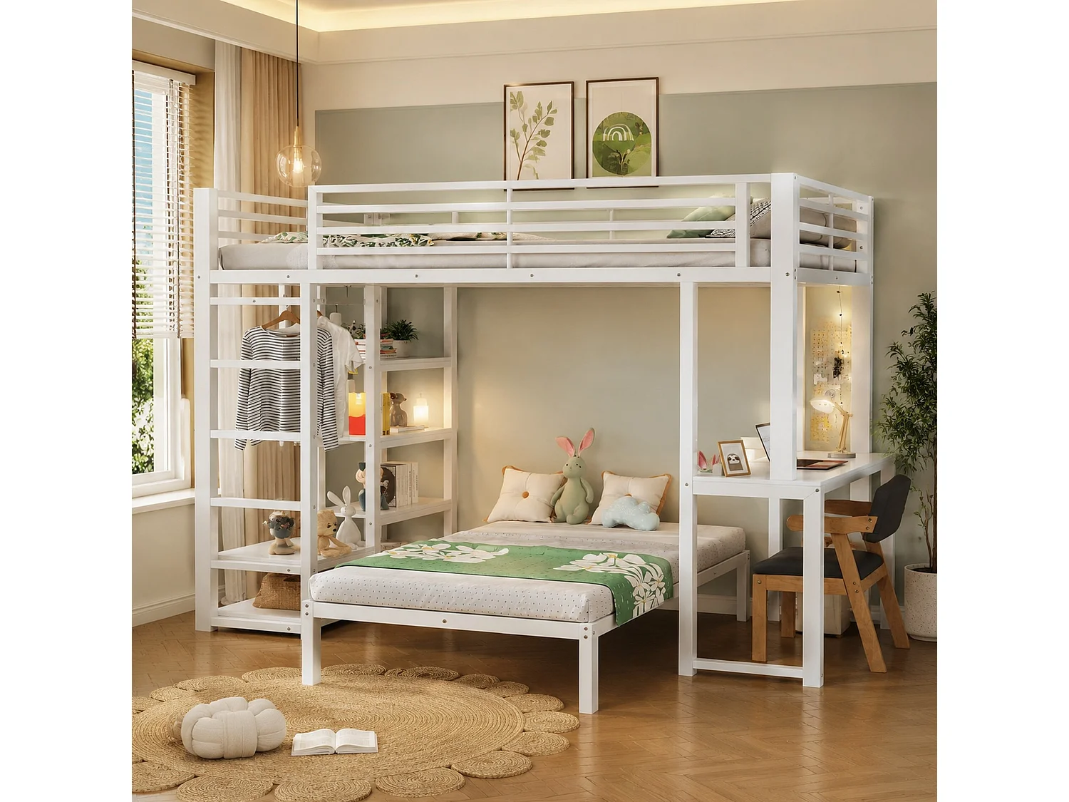 Litera 90x200 cm de metal y MDF blanco con escritorio, 4 estanterías, armario colgante, puertos USB y Type‑C, sin colchón