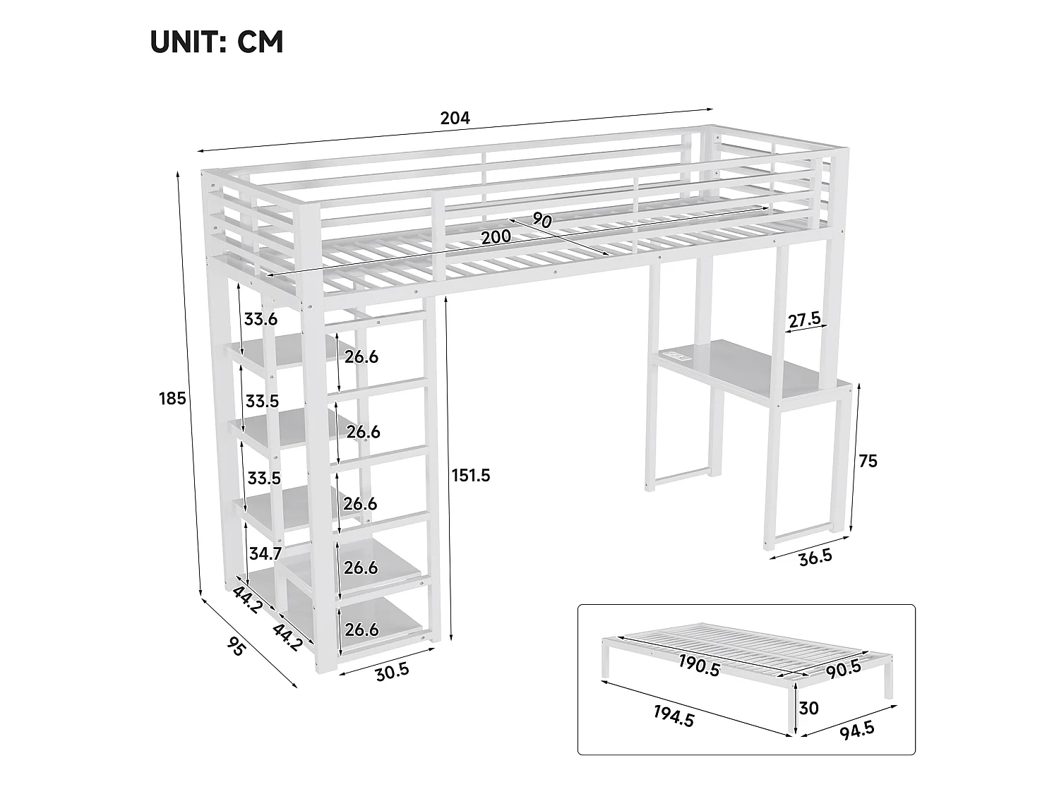 Litera 90x200 cm de metal y MDF blanco con escritorio, 4 estanterías, armario colgante, puertos USB y Type‑C, sin colchón