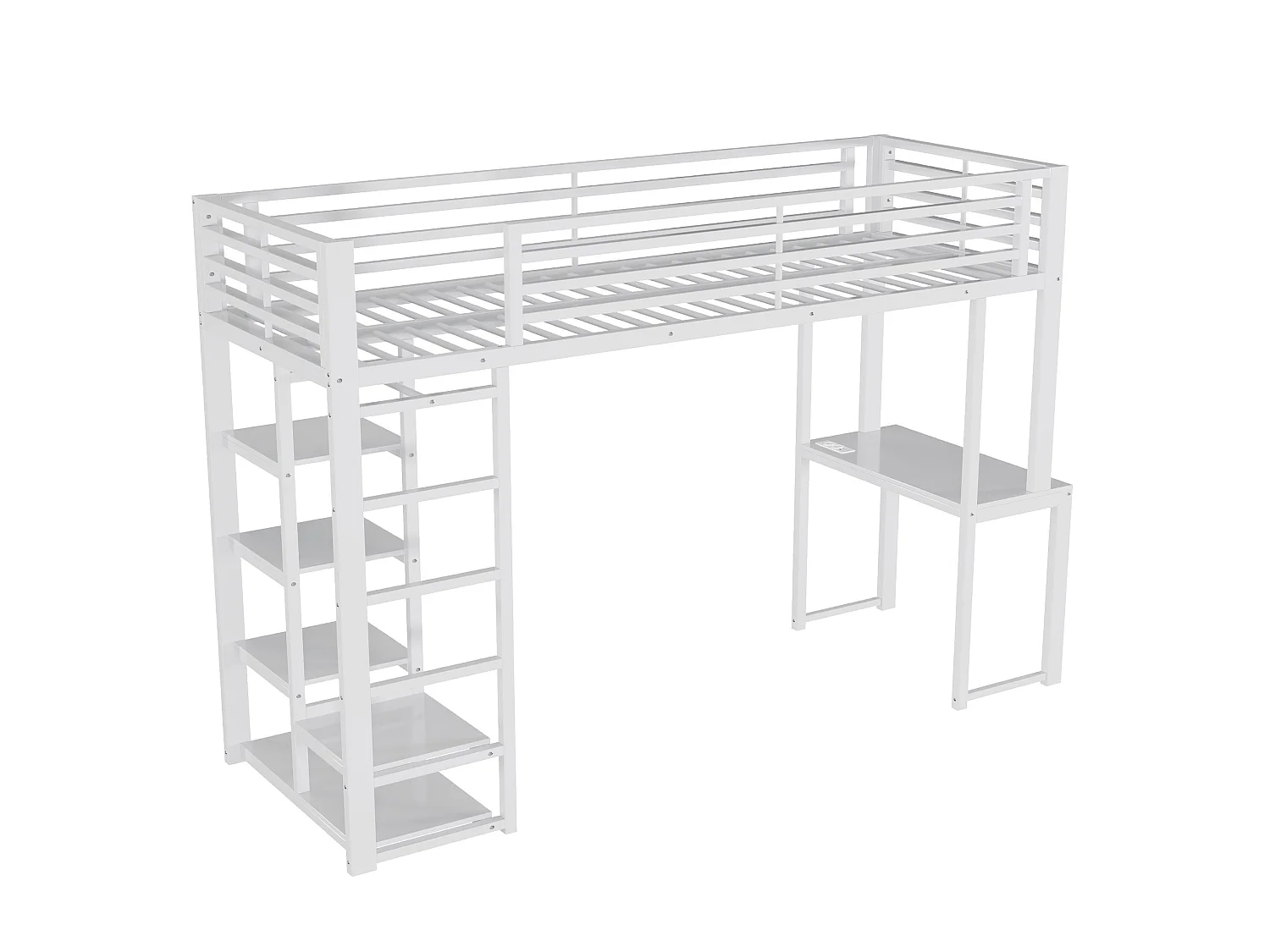 Litera 90x200 cm de metal y MDF blanco con escritorio, 4 estanterías, armario colgante, puertos USB y Type‑C, sin colchón