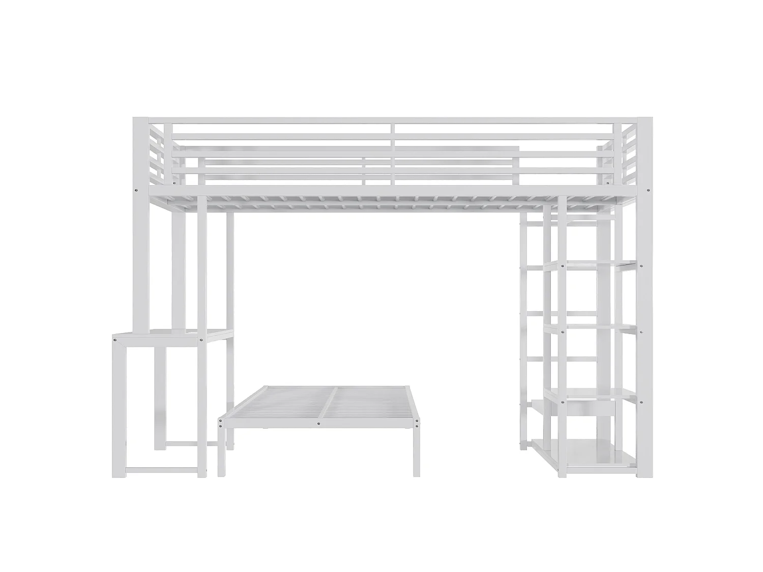 Litera 90x200 cm de metal y MDF blanco con escritorio, 4 estanterías, armario colgante, puertos USB y Type‑C, sin colchón