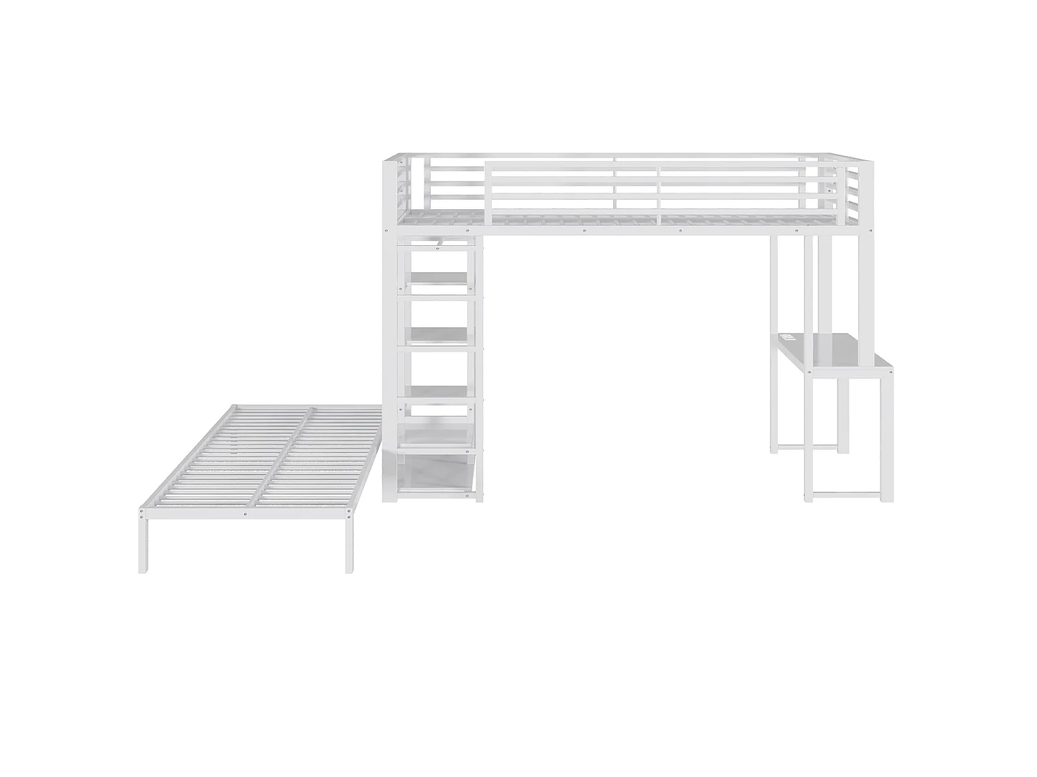 Litera 90x200 cm de metal y MDF blanco con escritorio, 4 estanterías, armario colgante, puertos USB y Type‑C, sin colchón