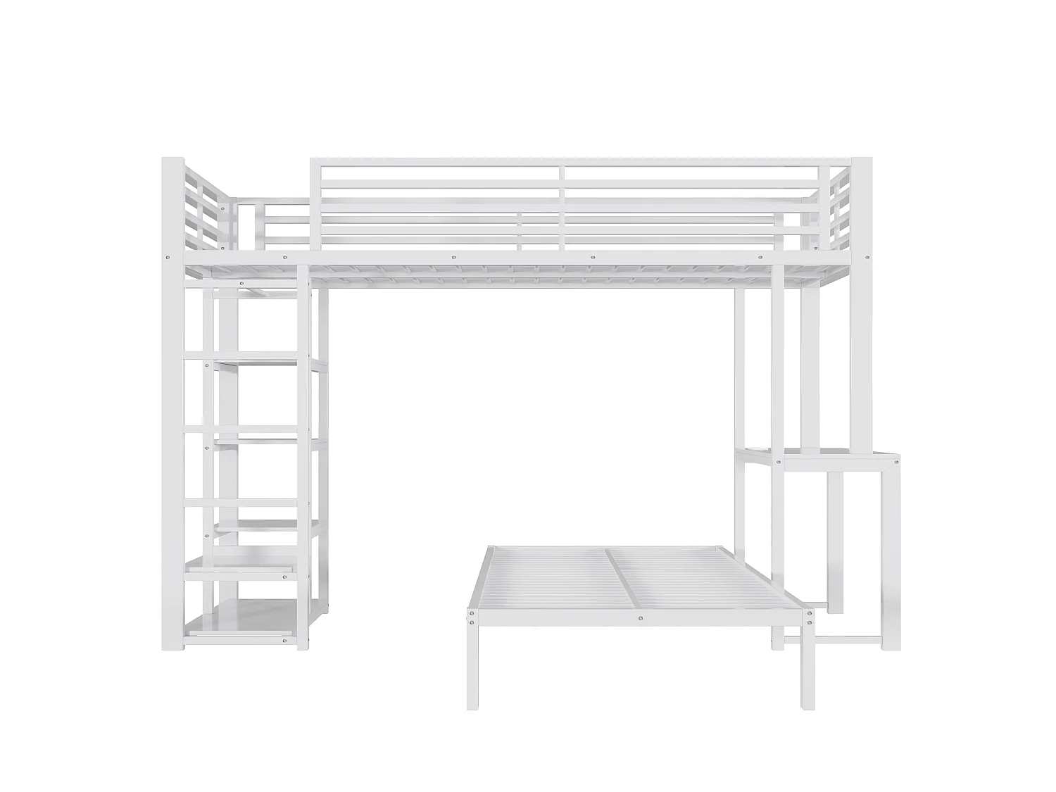 Litera 90x200 cm de metal y MDF blanco con escritorio, 4 estanterías, armario colgante, puertos USB y Type‑C, sin colchón