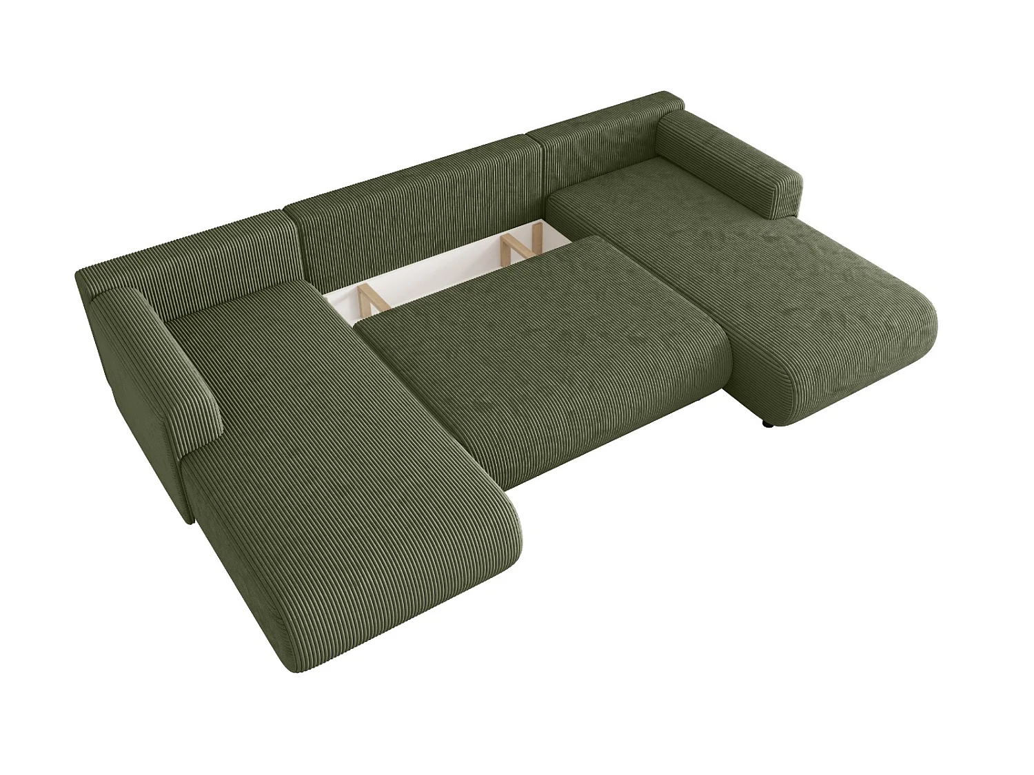 Wohnlandschaft U-Form mit Schlaffunktion, Cord – ELLY U Helles Salbeigrün