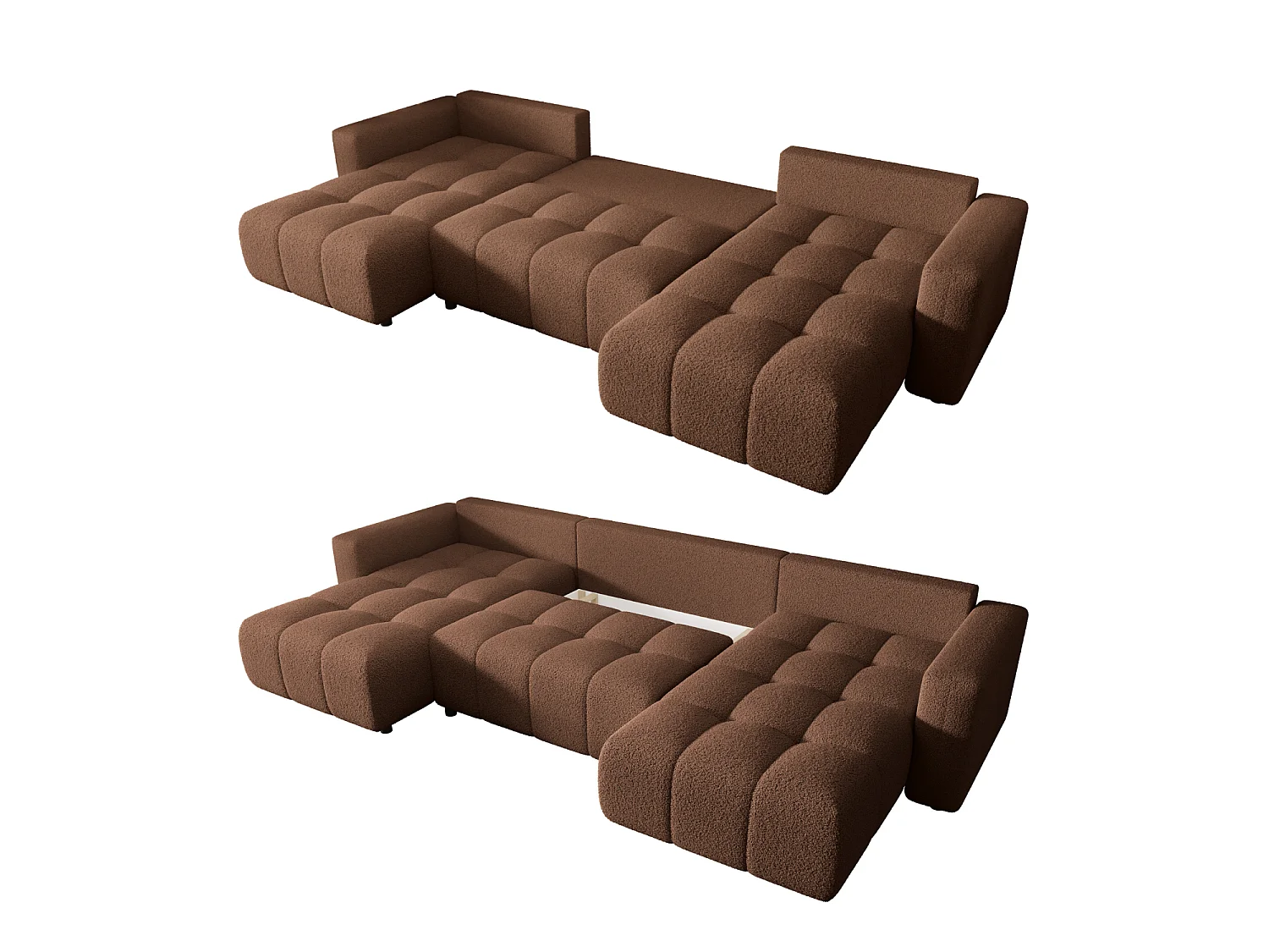 Wohnlandschaft U-Form mit Schlaffunktion, Bouclé – ARA U Rotbraun