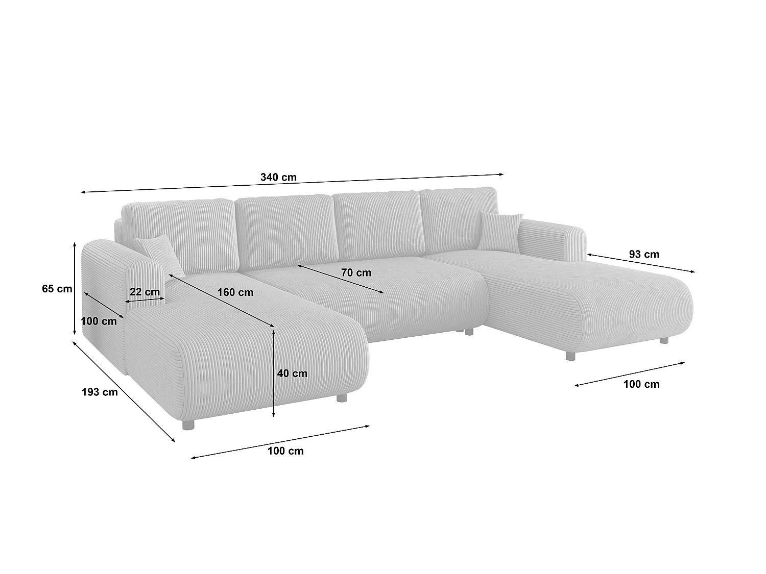 Canapé en U convertible avec coffre, réversible – ELLY U Gris argenté clair