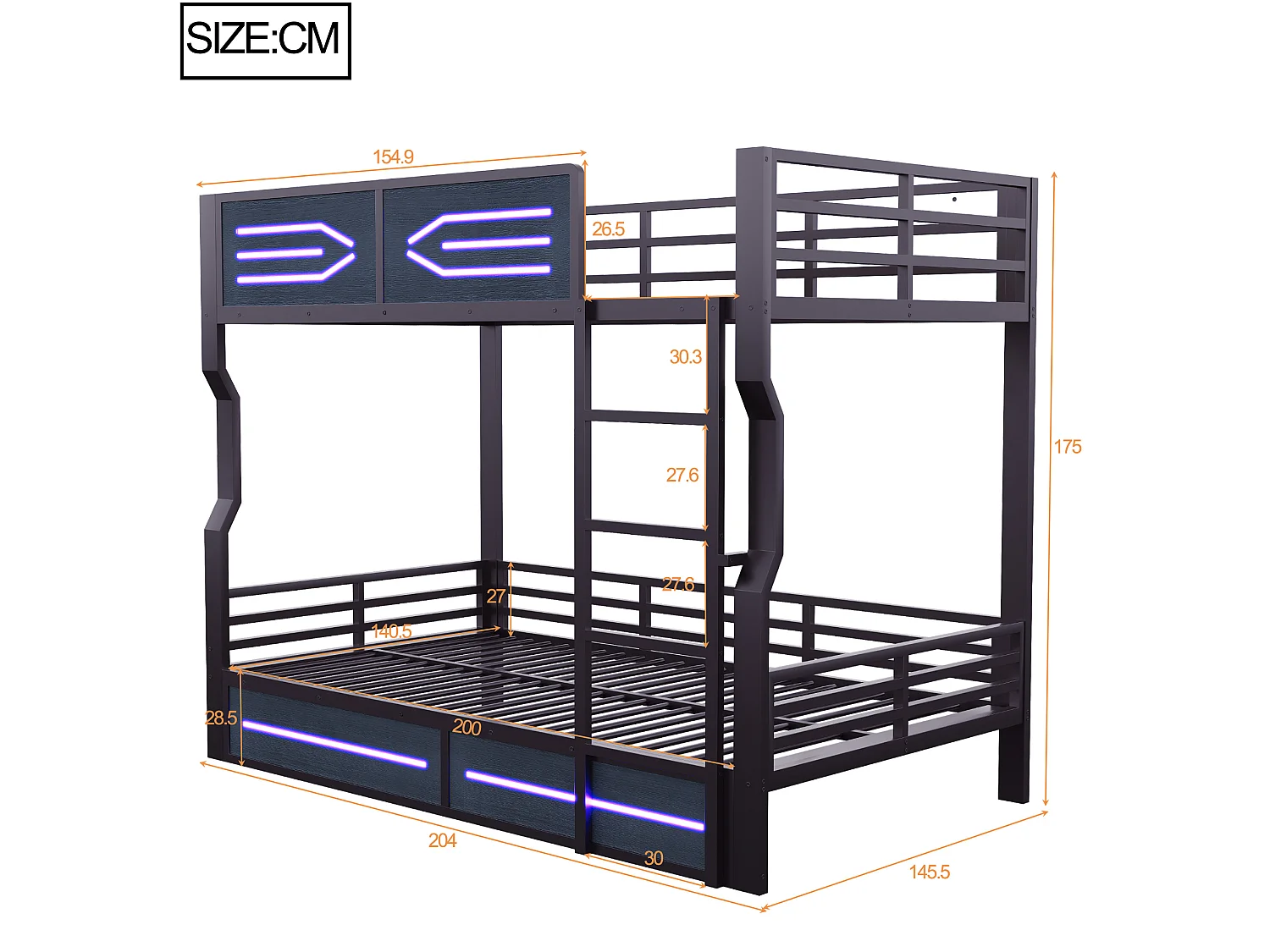 Litera 140x200 cm de metal y MDF negro con iluminación LED, sin colchón