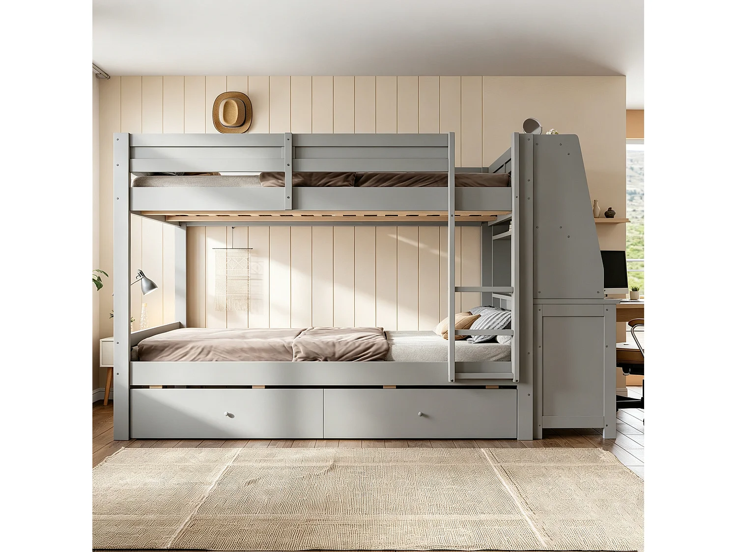 Letto a castello 140x200 cm in legno grigio con scrivania, mensole, vani contenitori e 2 cassetti, senza materasso