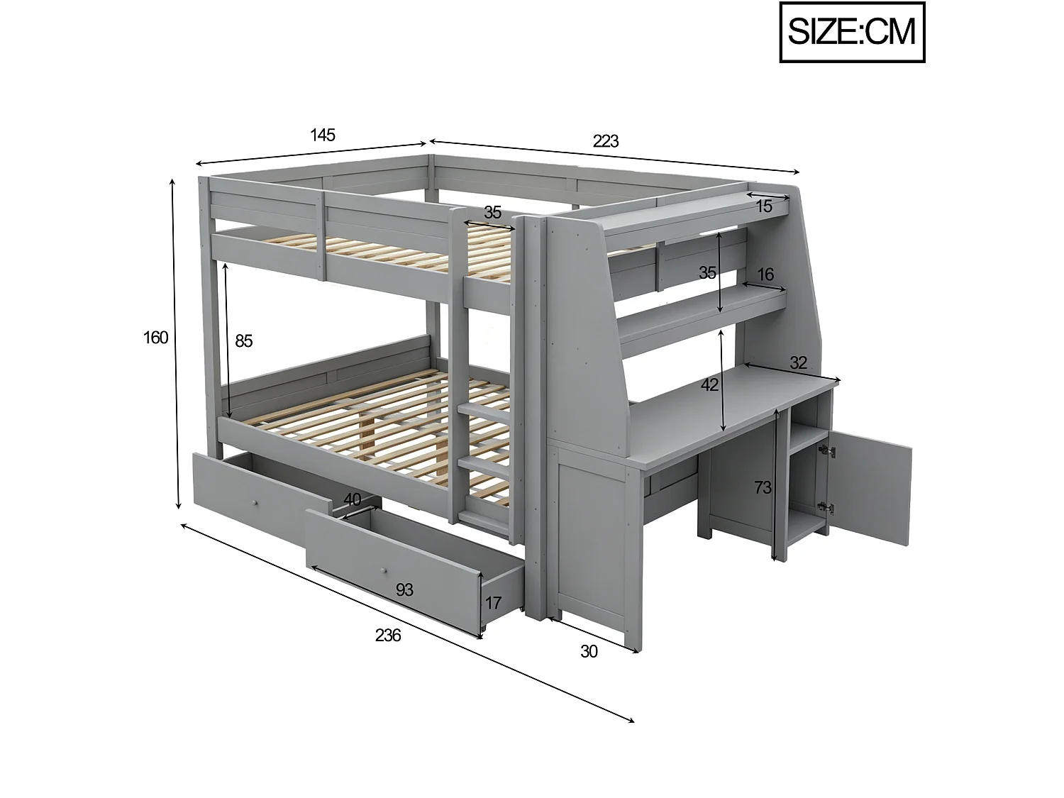 Letto a castello 140x200 cm in legno grigio con scrivania, mensole, vani contenitori e 2 cassetti, senza materasso
