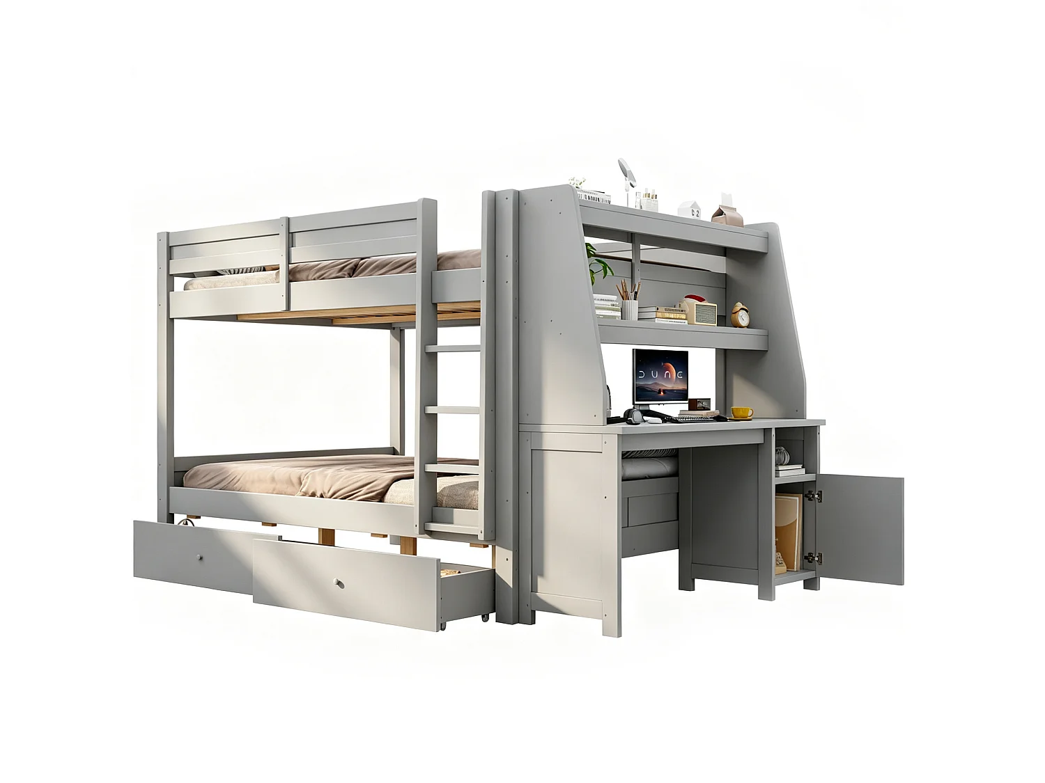 Letto a castello 140x200 cm in legno grigio con scrivania, mensole, vani contenitori e 2 cassetti, senza materasso