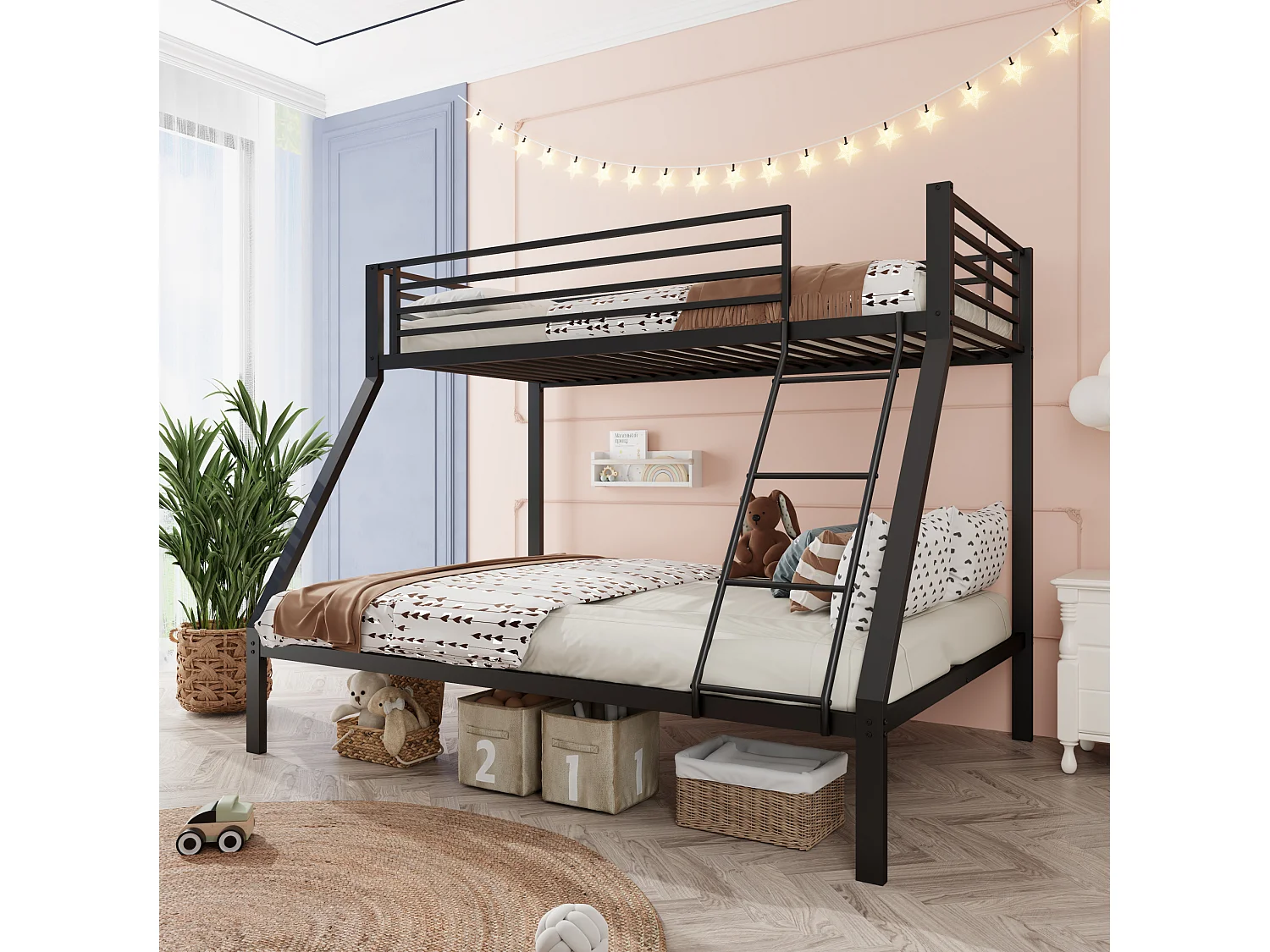 Litera 90x200 / 140x200 cm de metal negro con escalera reversible y barreras de seguridad, sin colchón