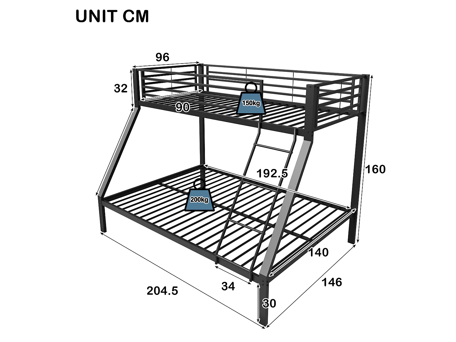 Litera 90x200 / 140x200 cm de metal negro con escalera reversible y barreras de seguridad, sin colchón
