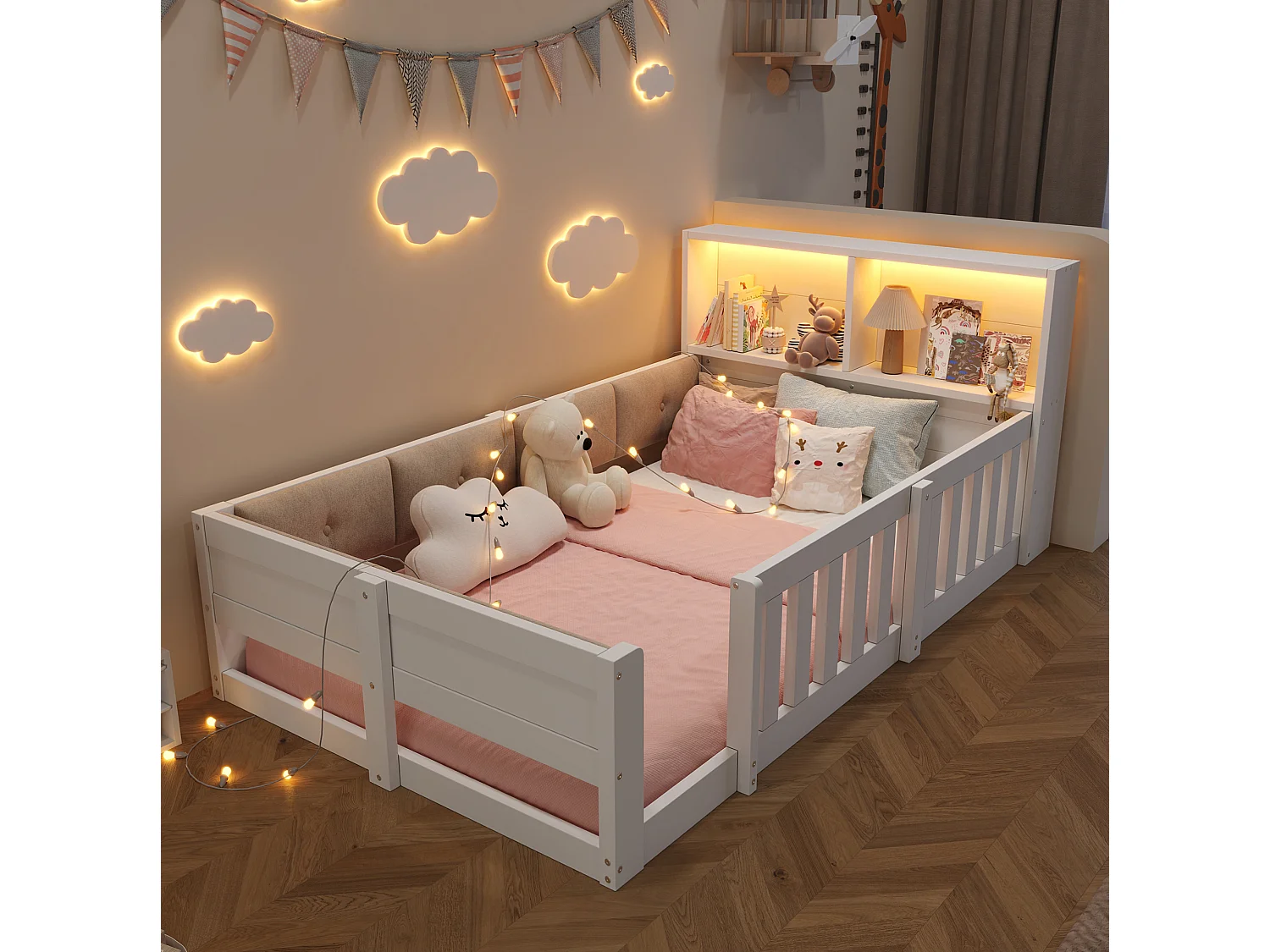Cama infantil 90x200 cm blanca con cabecero LED con almacenamiento, barreras de seguridad, sin colchón