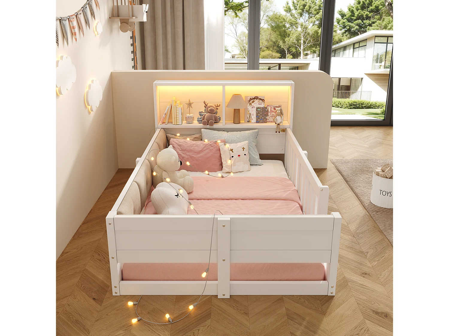 Cama infantil 90x200 cm blanca con cabecero LED con almacenamiento, barreras de seguridad, sin colchón