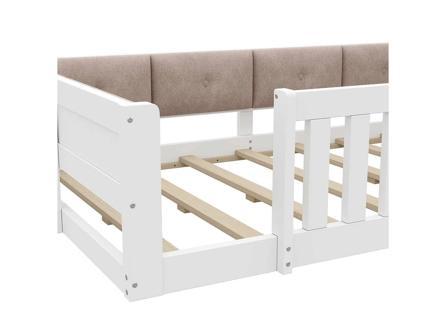 Cama infantil 90x200 cm blanca con cabecero LED con almacenamiento, barreras de seguridad, sin colchón